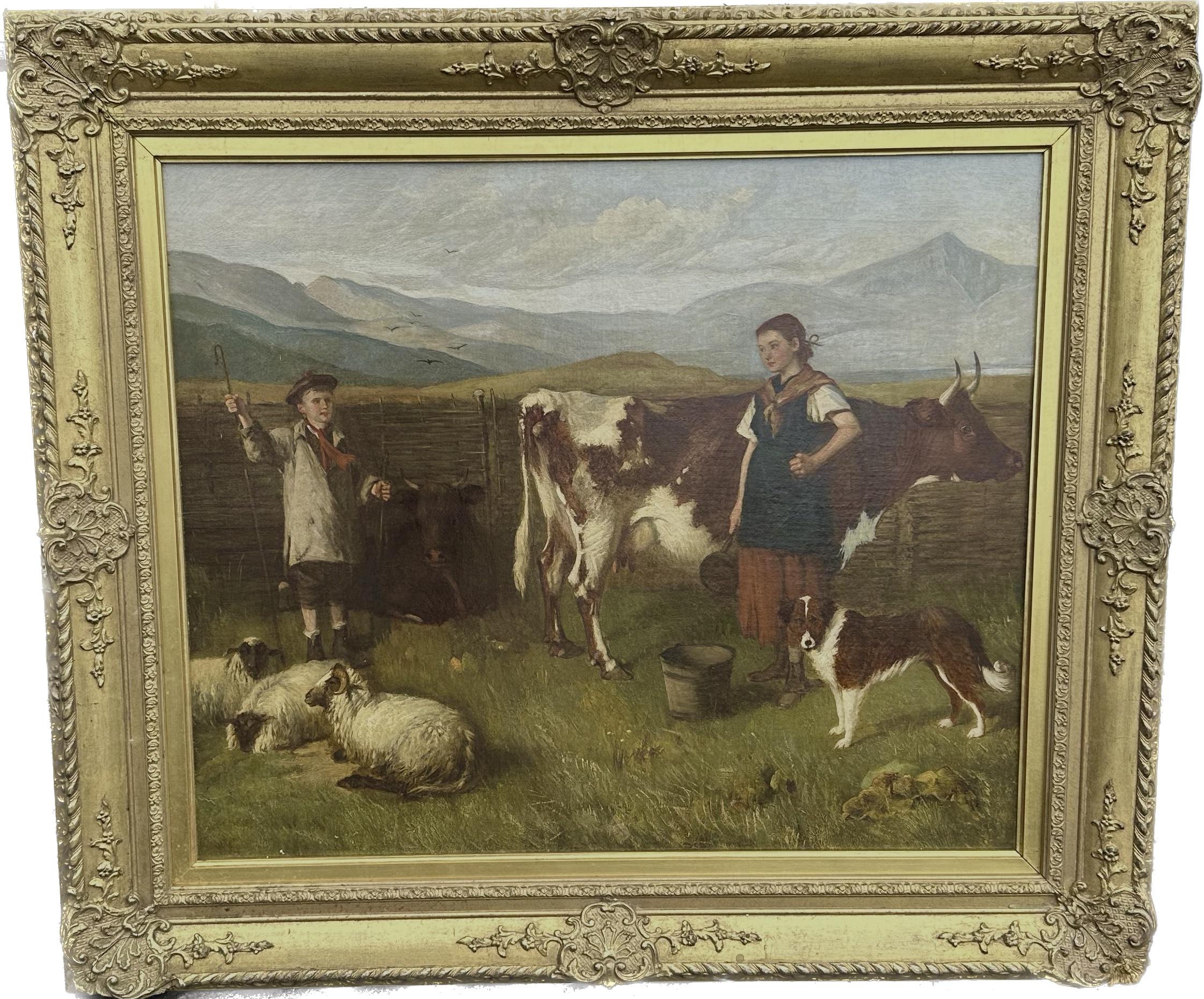 19th century Scottish farmers with cows , sheep, dogs in the Highlands - Painting by Henry William Banks Davis
