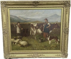 19th century Scottish farmers with cows , sheep, dogs in the Highlands