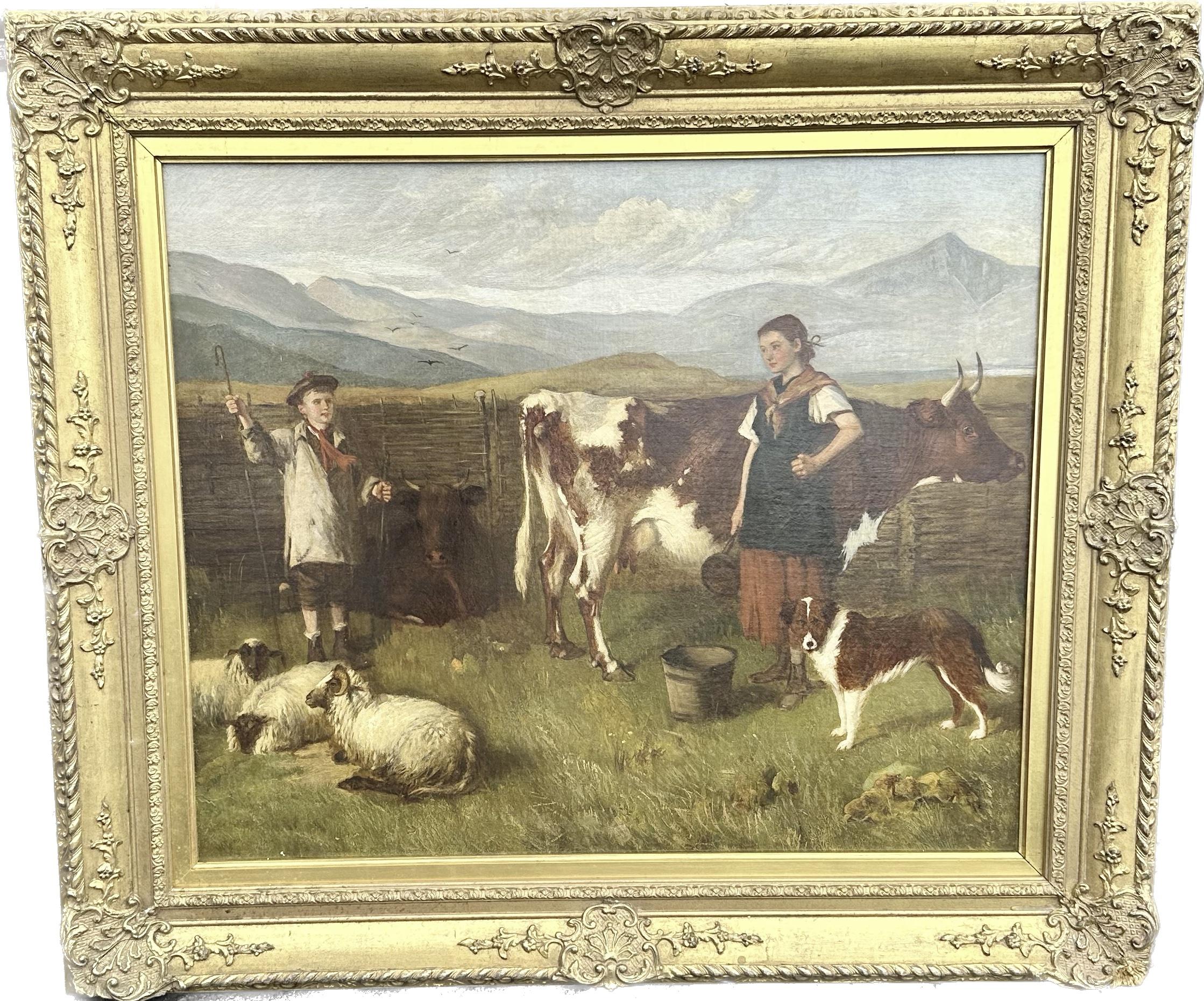 Fermiers écossais du 19e siècle avec vaches, moutons, chiens dans les Highlands - Victorien Painting par Henry William Banks Davis