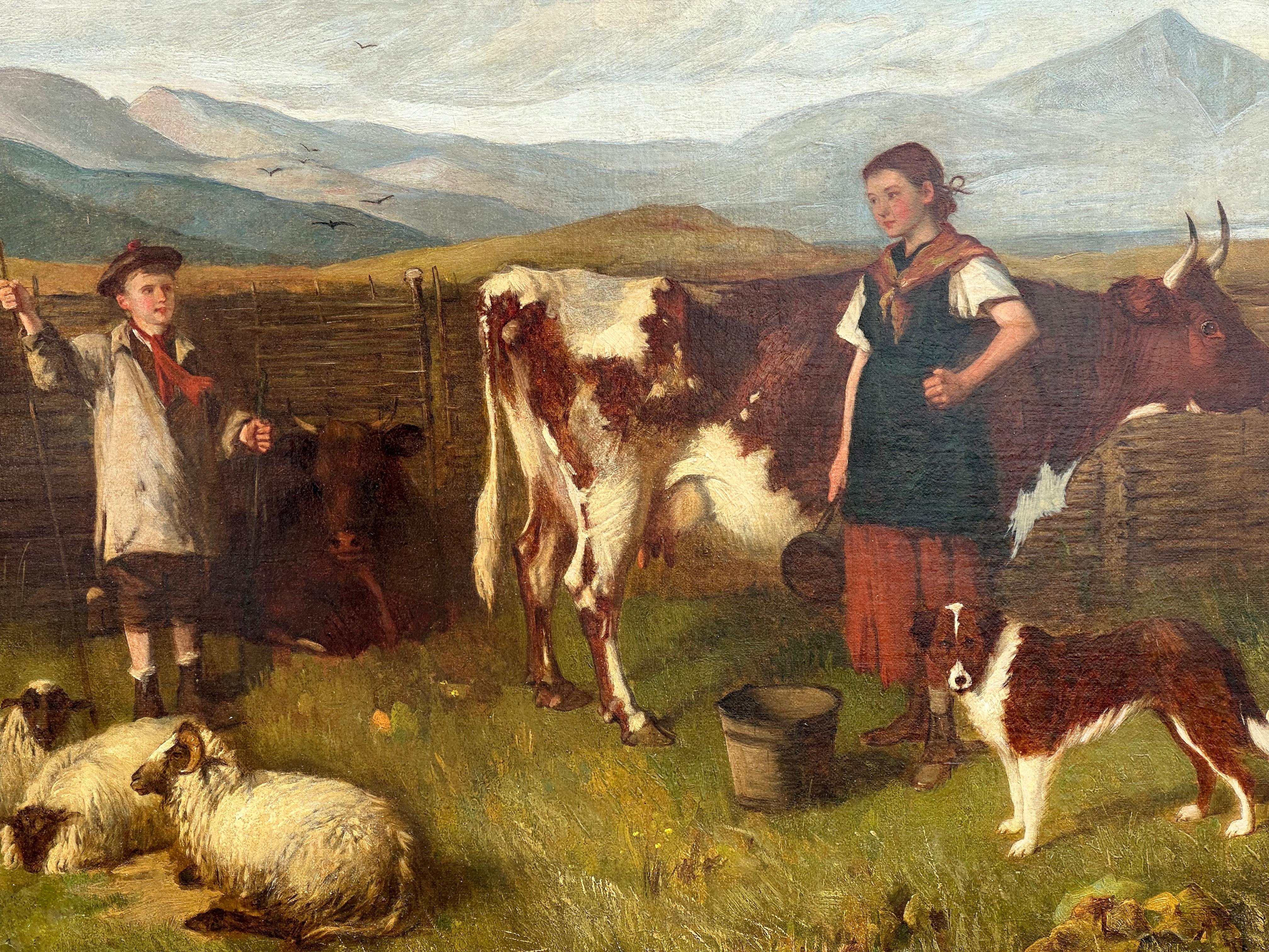 Figurative Painting Henry William Banks Davis - Fermiers écossais du 19e siècle avec vaches, moutons, chiens dans les Highlands