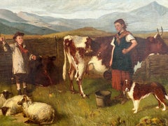 Fermiers écossais du 19e siècle avec vaches, moutons, chiens dans les Highlands