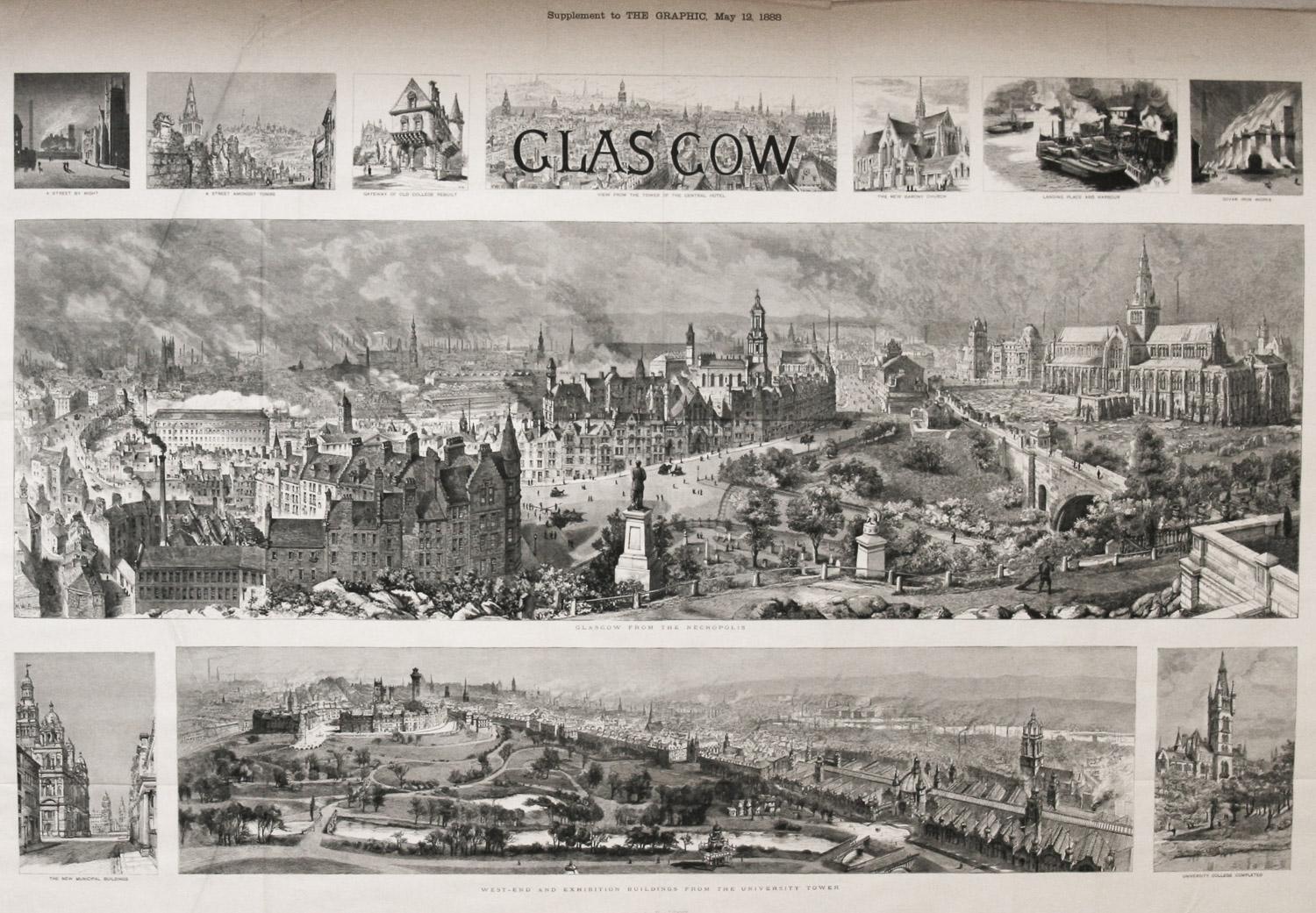 Bird's Eye View of Glascow  1888 original wood engraving from The Graphic