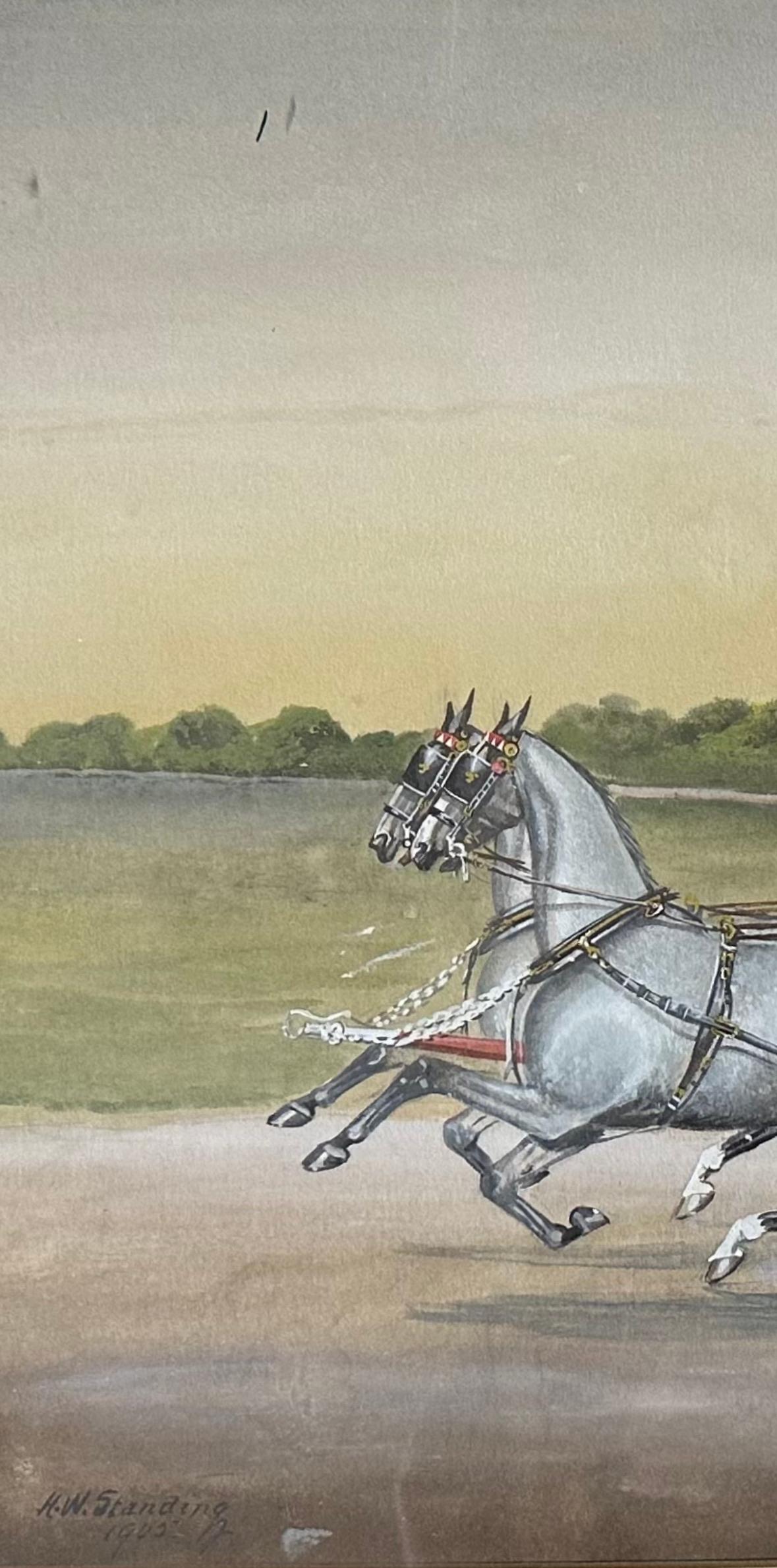 Henry William Standing (British, 1894-1931) Equine Painting, watercolor and gouache on paper. Depicting an English couple driving a pair of carriage horses with a groom. Signed and dated 1902