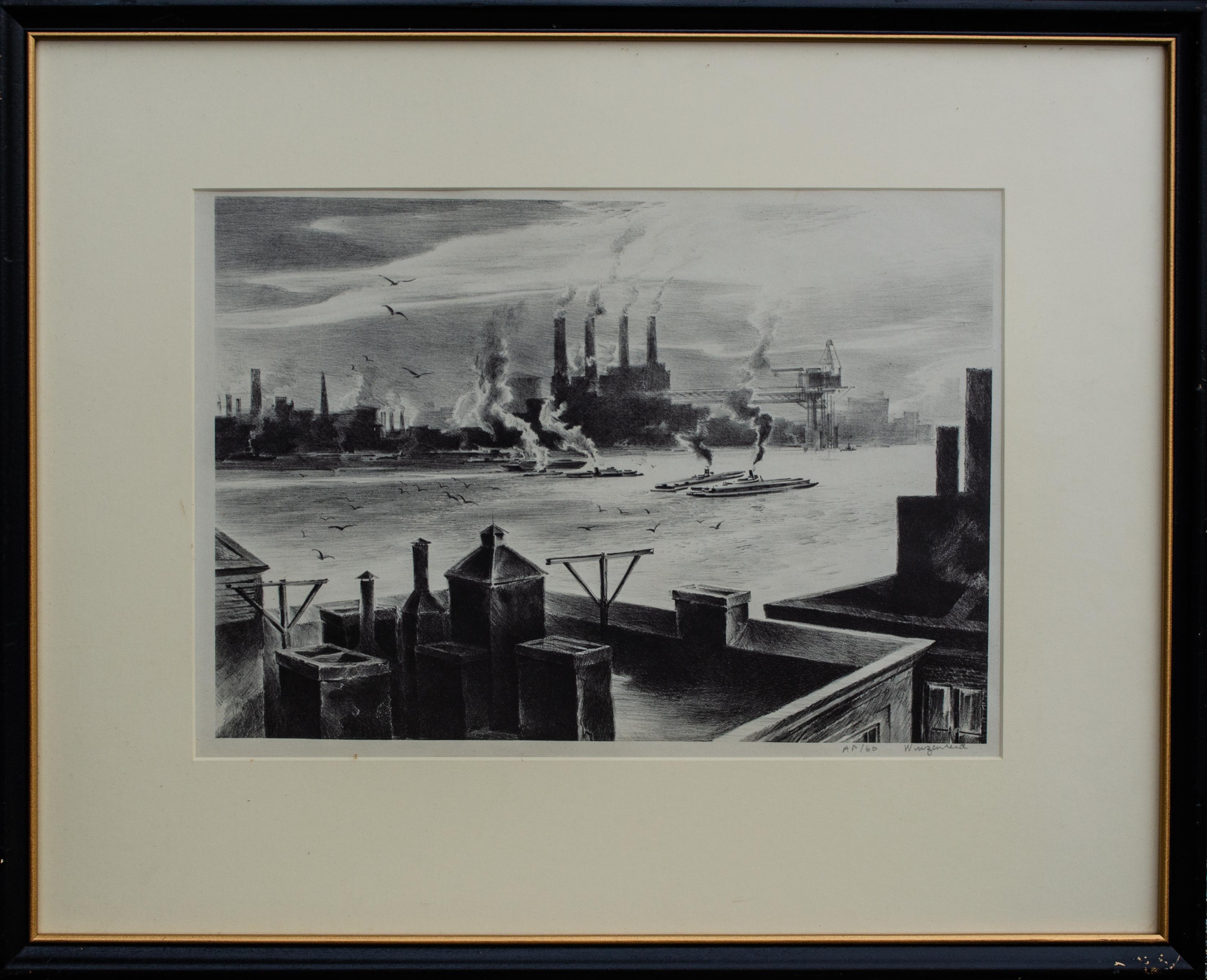 Henry Winzenreid Modernist Lithograph of Steamboats and Factories For Sale 1