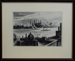 Lithographie moderniste de Henry Winzenreid représentant des bateaux à vapeur et des usines