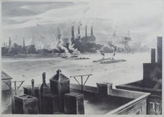 Henry Winzenreid Modernist Lithograph of Steamboats and Factories