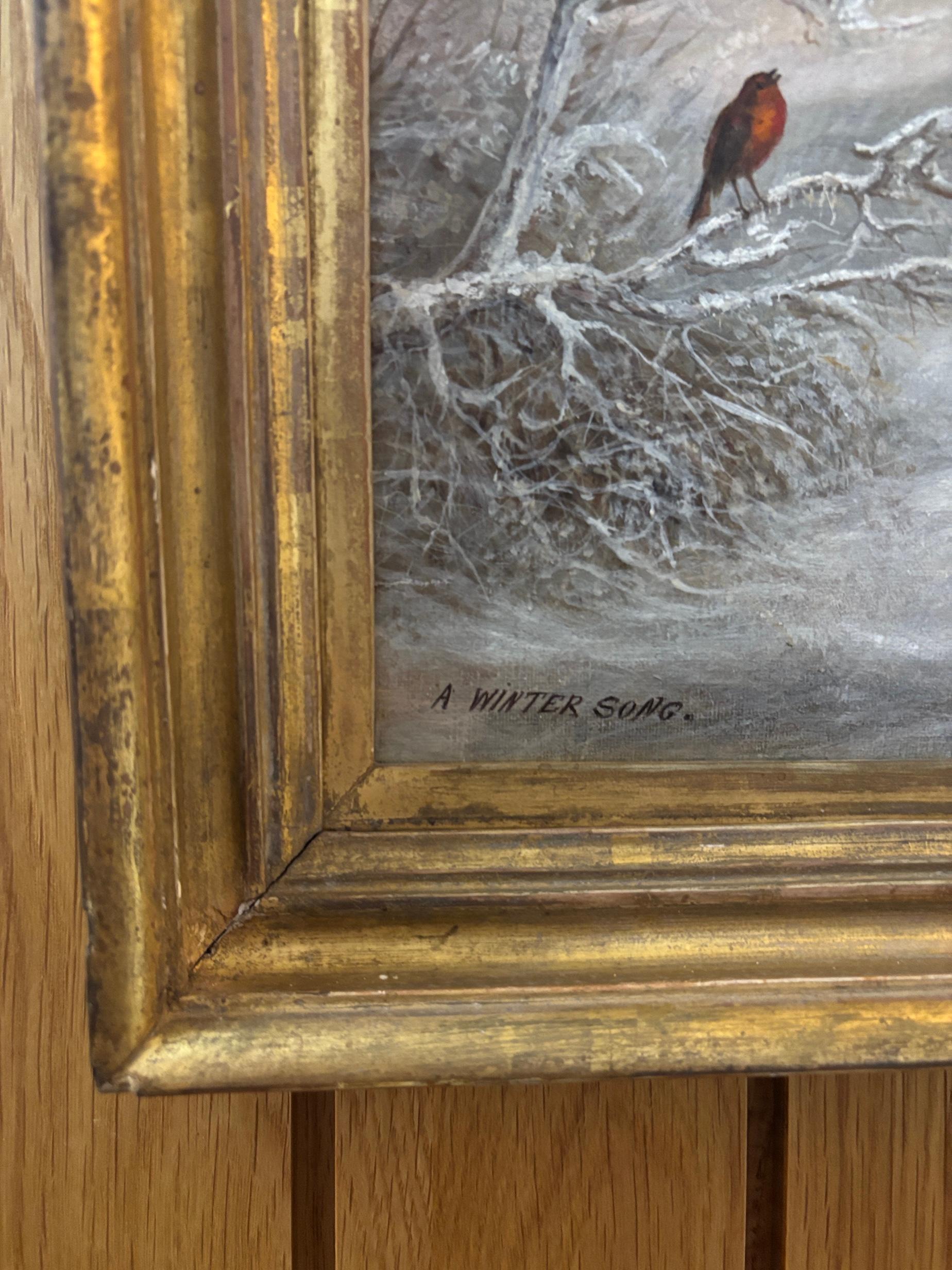 19e siècle anglais, paysage d'hiver avec Robin Winters et lapin - Painting de Henry Woods