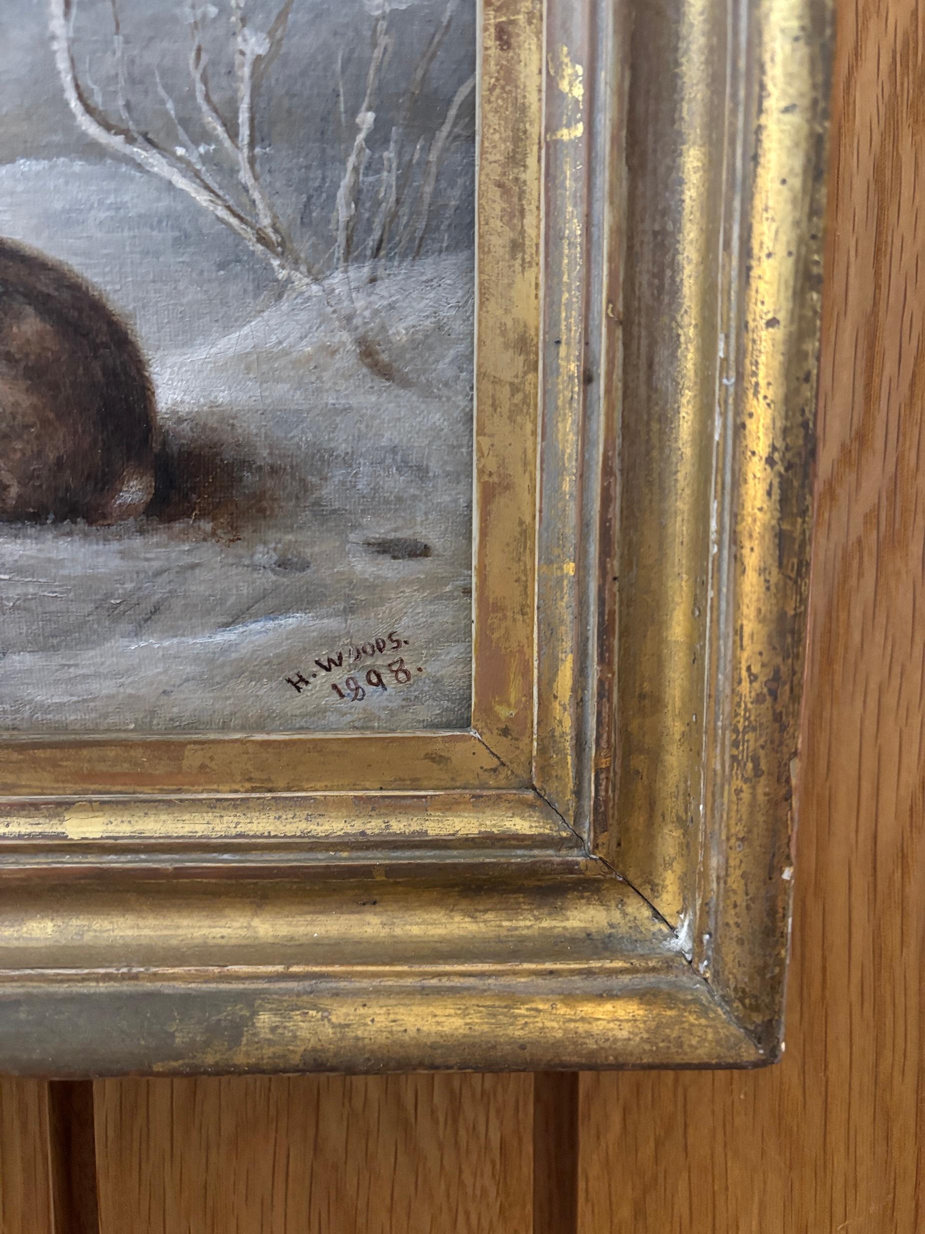 19e siècle anglais, paysage d'hiver avec Robin Winters et lapin - Victorien Painting par Henry Woods