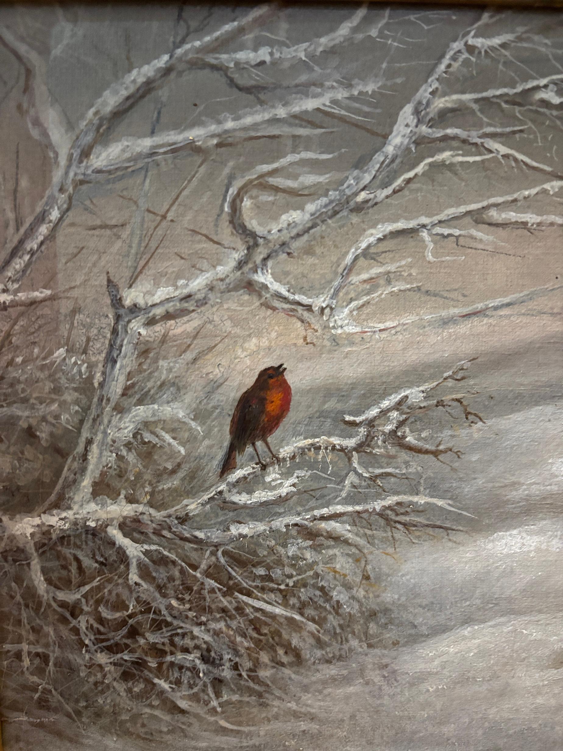 19e siècle anglais, paysage d'hiver avec Robin Winters et lapin - Gris Landscape Painting par Henry Woods