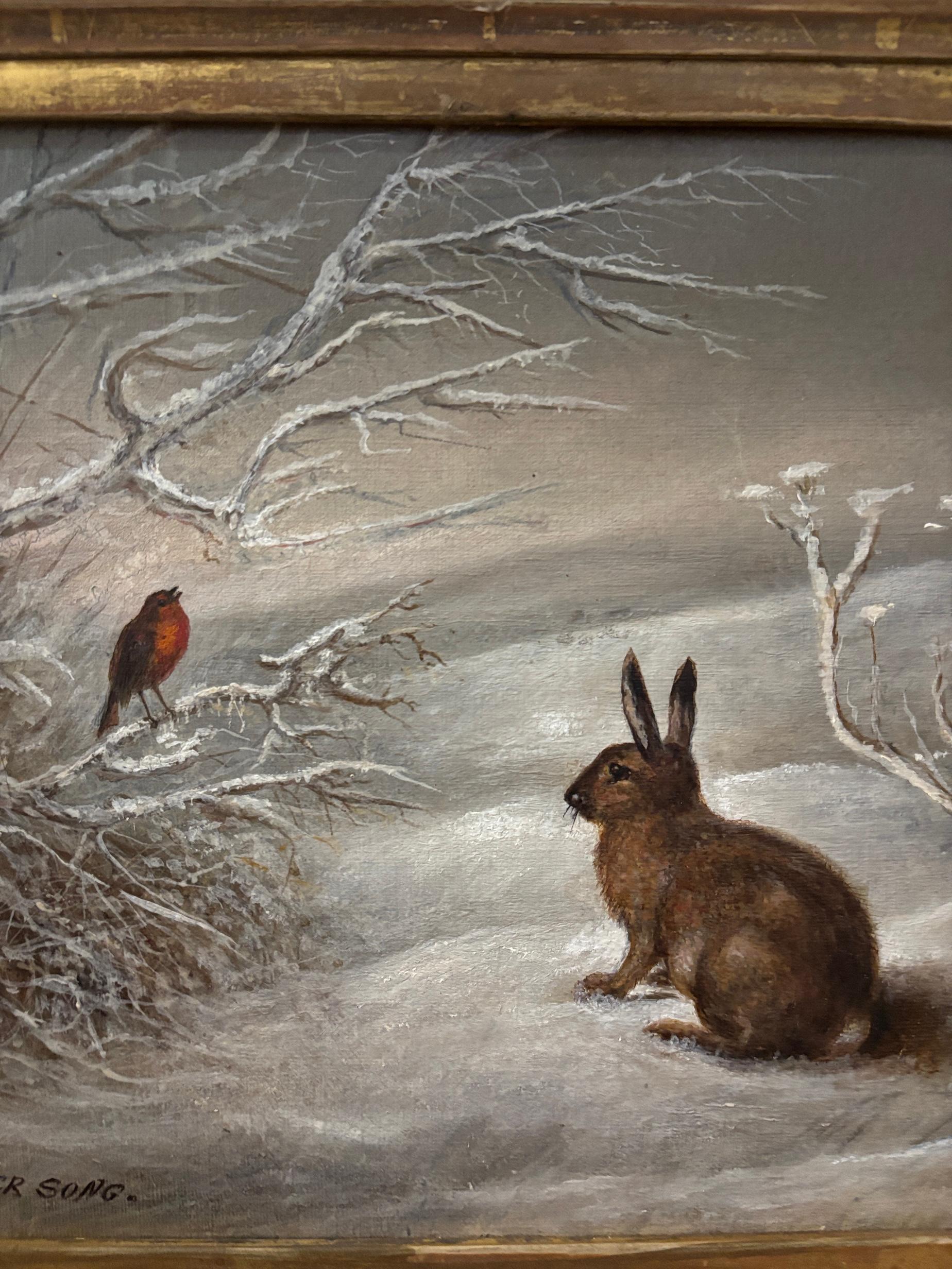 19e siècle anglais, paysage d'hiver avec Robin Winters et lapin en vente 1