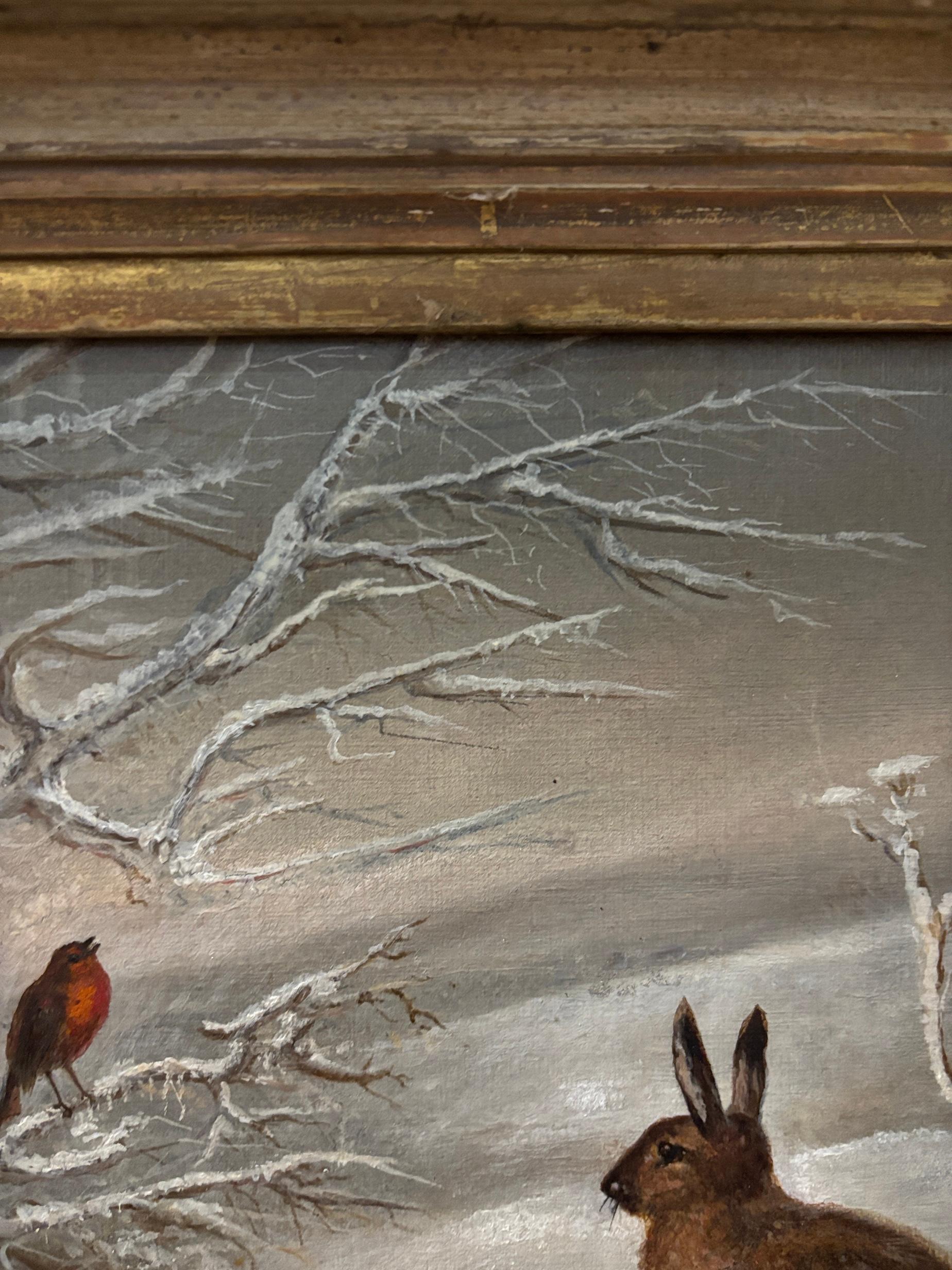 19e siècle anglais, paysage d'hiver avec Robin Winters et lapin en vente 2