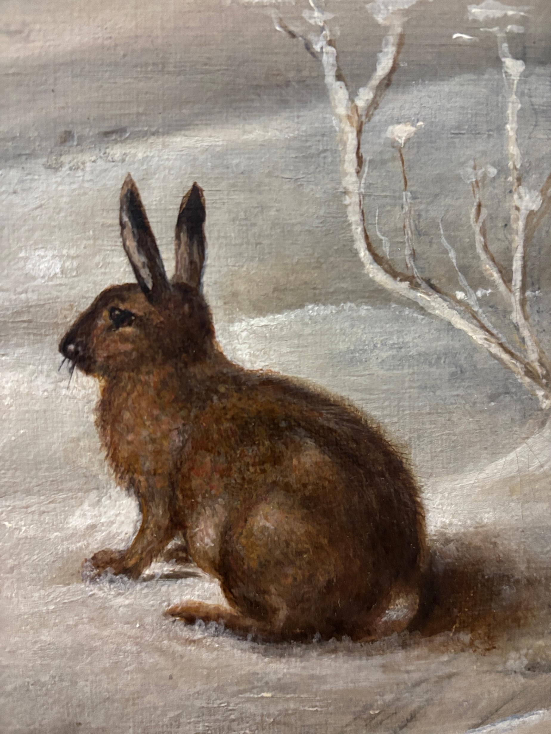 19e siècle anglais, paysage d'hiver avec Robin Winters et lapin en vente 4
