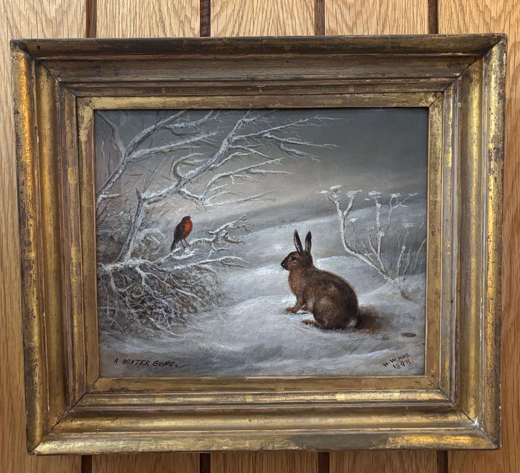 Landscape Painting Henry Woods - 19e siècle anglais, paysage d'hiver avec Robin Winters et lapin