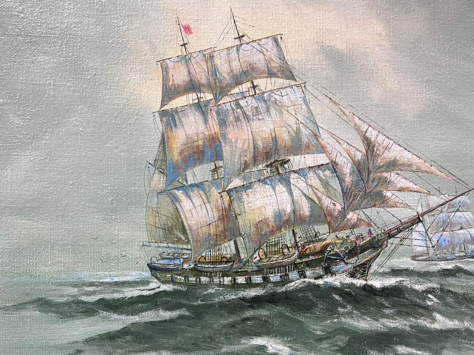 Old Whaling Ships
by Henry Woodward, British 20th century
signed oil painting on canvas, framed
inscribed verso
framed: 24.5 x 37.5 inches
canvas: 20.5 x 33.5 inches
provenance: private collection, Dorset, England
condition: very good and sound