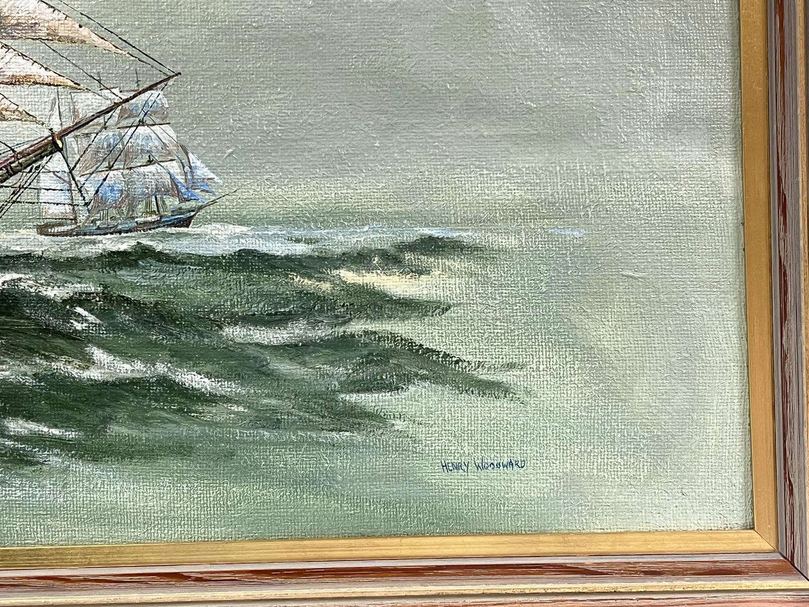 Large British Marine Oil Painting Old Whaling Ships on High Seas, signed canvas For Sale 1
