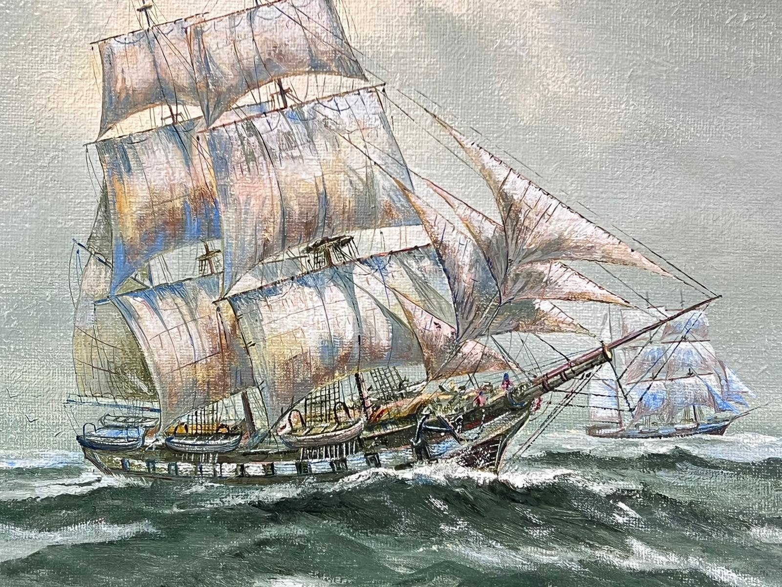Large British Marine Oil Painting Old Whaling Ships on High Seas, signed canvas For Sale 2