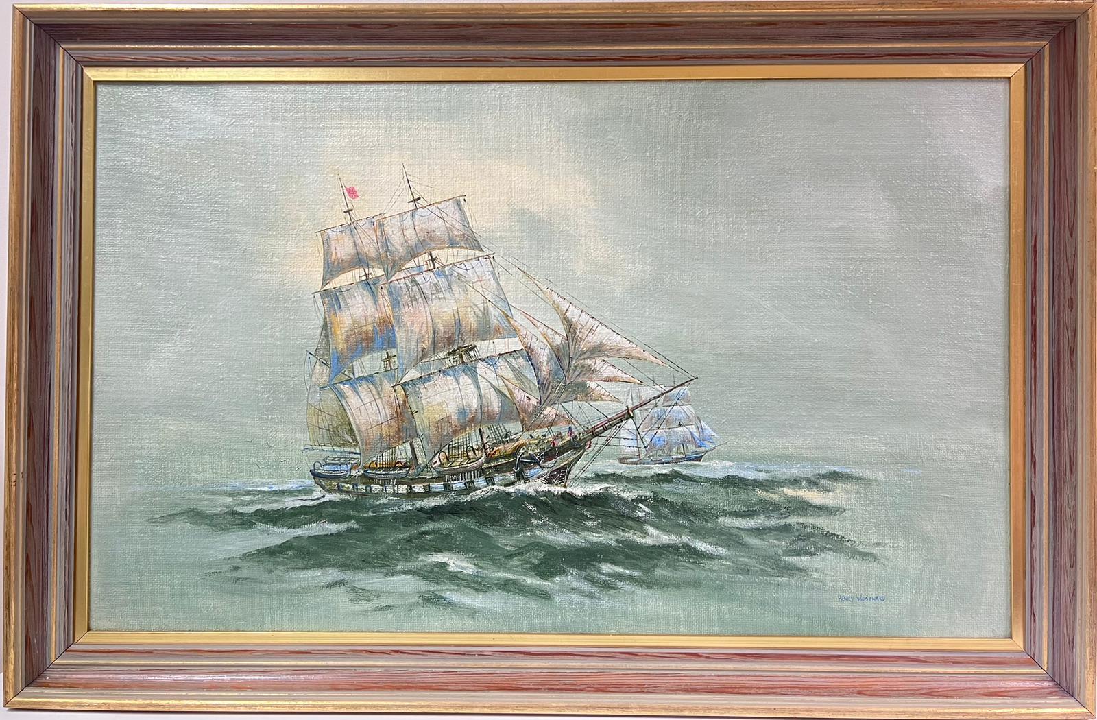 Henry Woodward Landscape Painting - Large British Marine Oil Painting Old Whaling Ships on High Seas, signed canvas