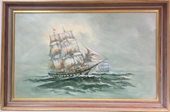 Vintage Large British Marine Oil Painting Old Whaling Ships on High Seas, signed canvas