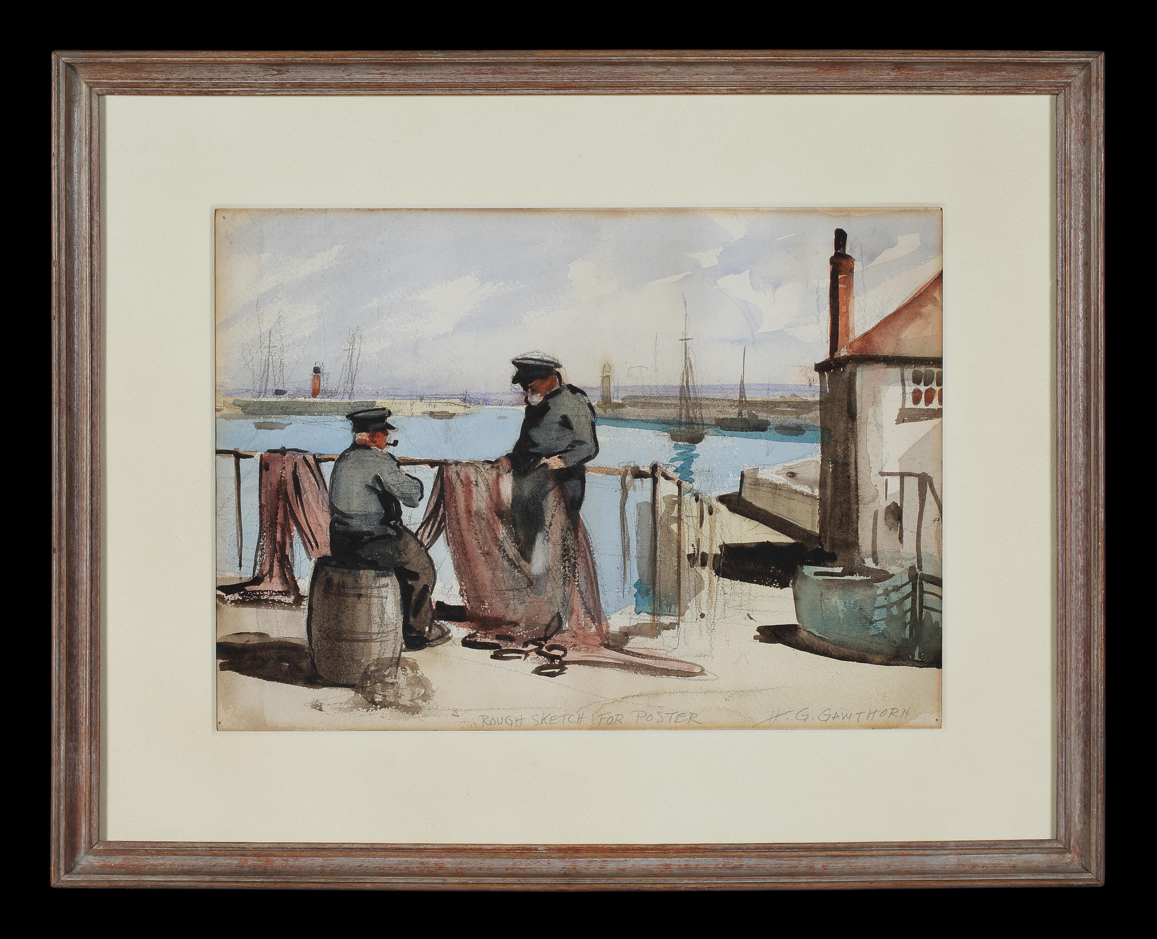 Henry George Gawthorn (1879–1941)

Rare watercolor study of two fishermen examining a large fishing net in the harbour. Inscribed ‘rough sketch for poster’ & signed H G Gawthorn in pencil. With a pencil sketch of one of the fishermen on the