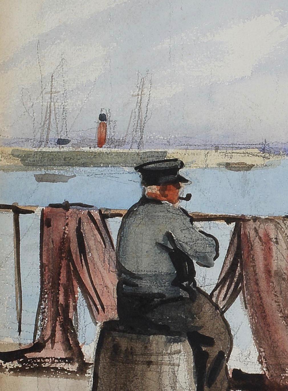 English Henry George Gawthorn Fishermen Newlyn Cornwall Great Western Railway watercolor For Sale