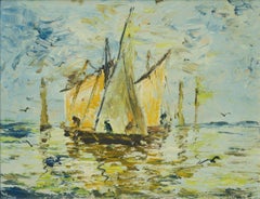 Mid-Century Seascape Painting with Boats, Signed, 14.5x17.25