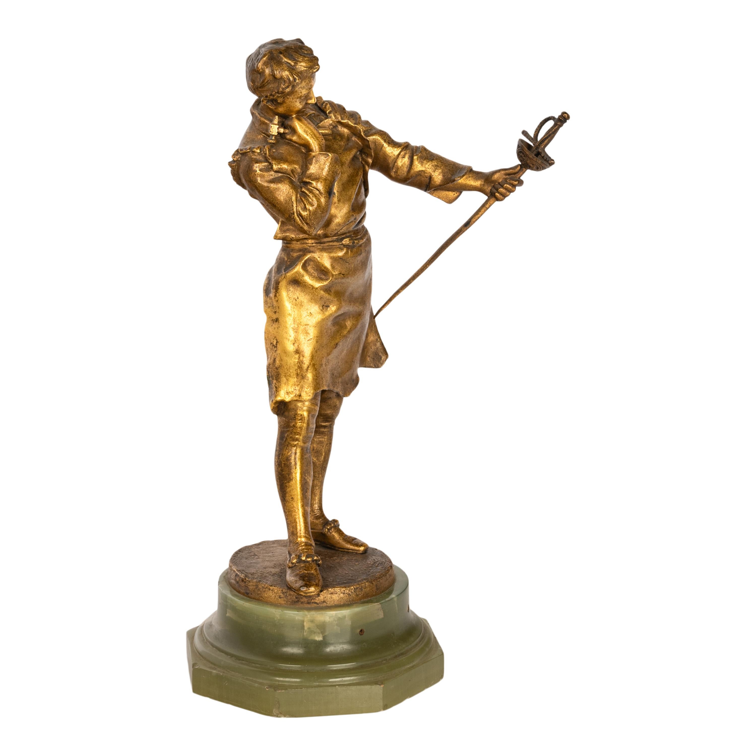 Antique French Polish Bronce Dorado Estatua Escultura Figura Espadachín 1890 - Sculpture de Henryk II Kossowski