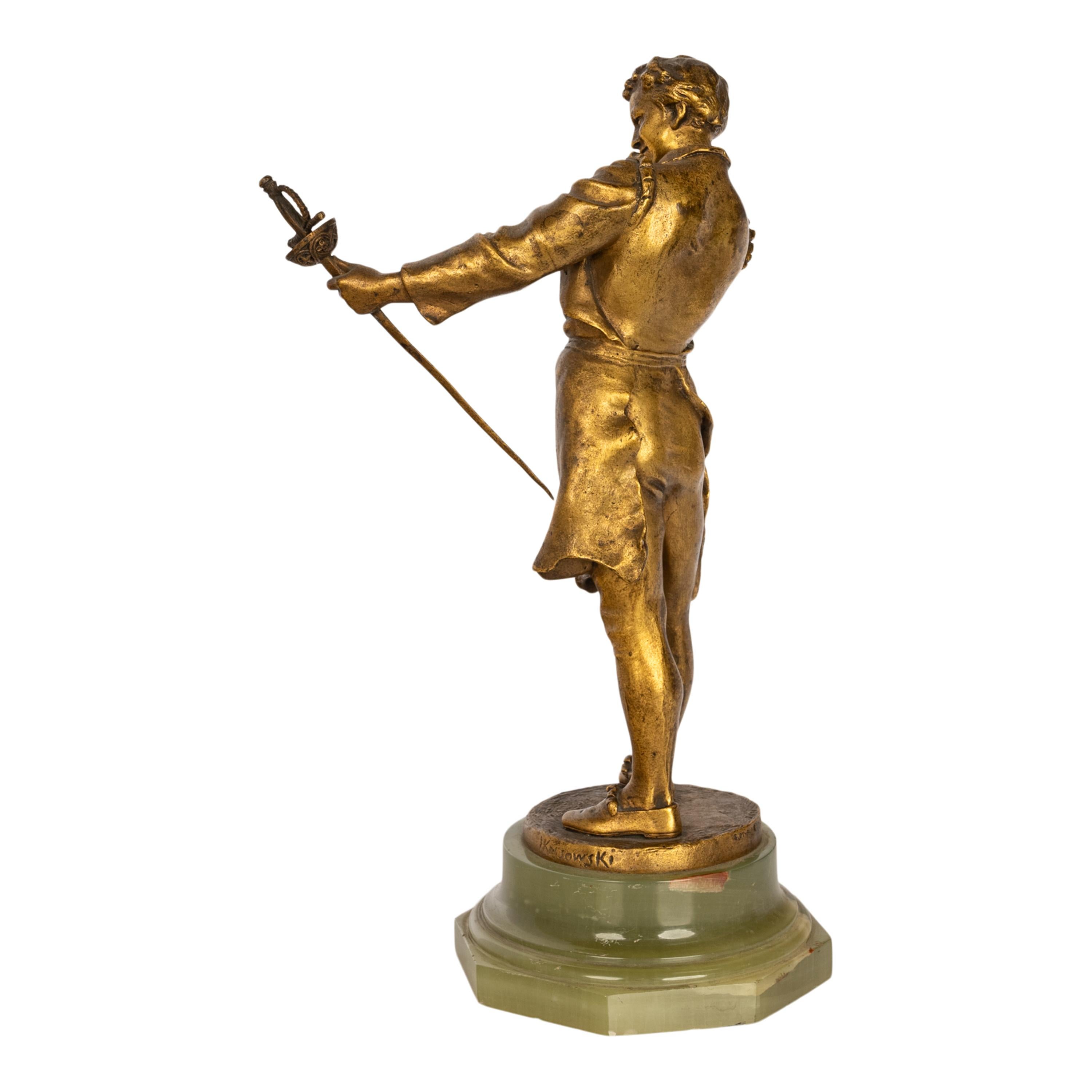 Antique French Polish Bronce Dorado Estatua Escultura Figura Espadachín 1890 en venta 1