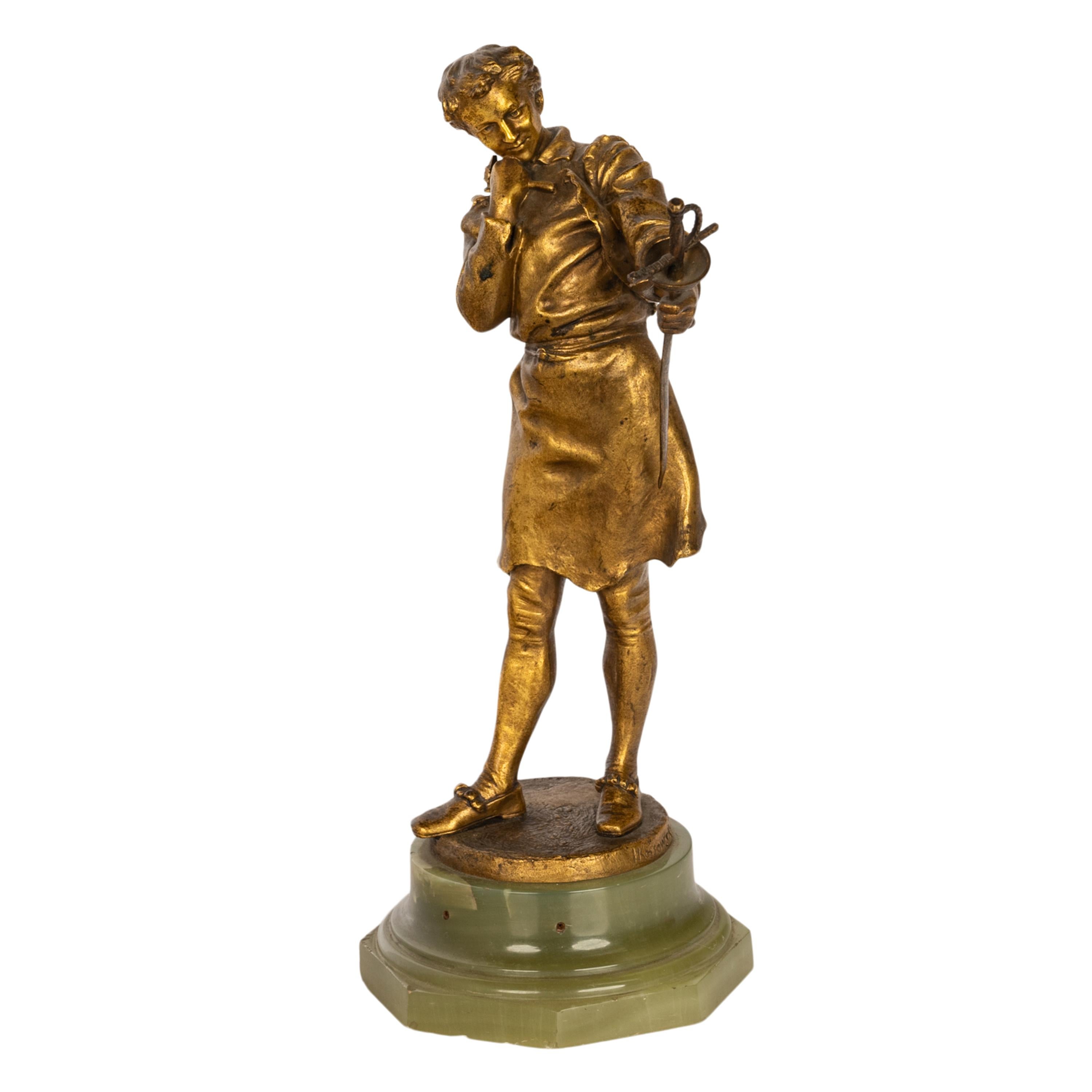 Antique French Polish Bronce Dorado Estatua Escultura Figura Espadachín 1890 en venta 3