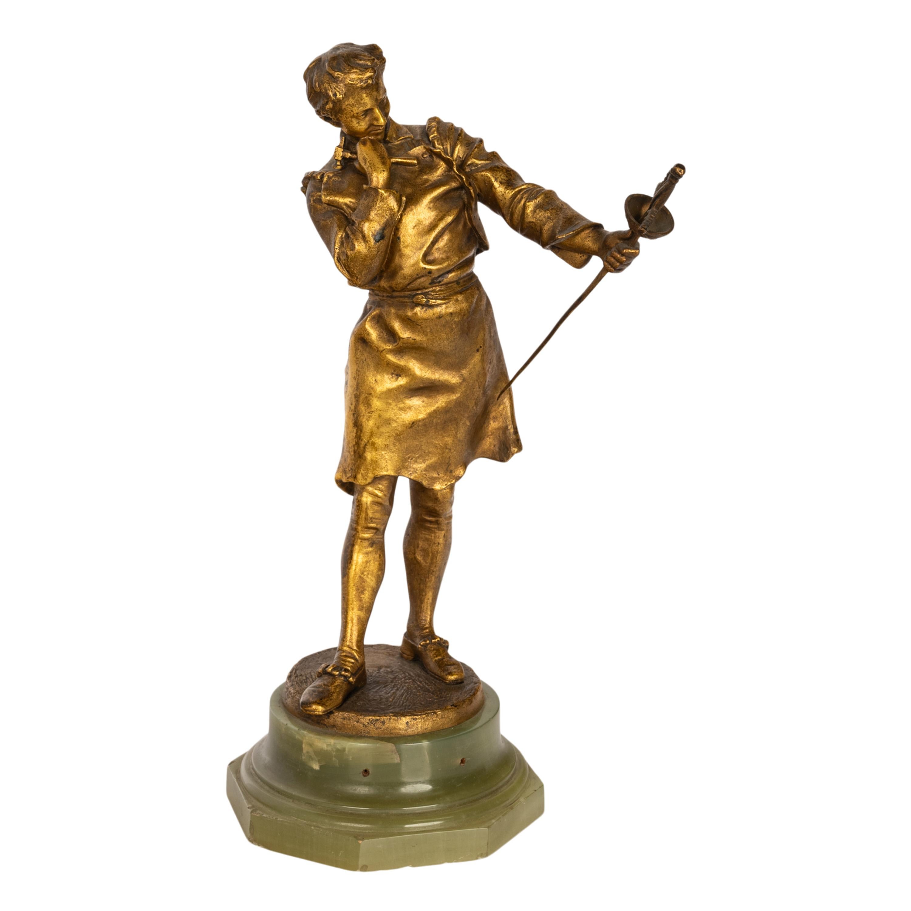 Antique French Polish Bronce Dorado Estatua Escultura Figura Espadachín 1890 en venta 4