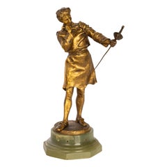 Antique French Polish Bronce Dorado Estatua Escultura Figura Espadachín 1890
