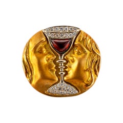 Henryk Kaston 18K Yellow Gold Afterdali Tristan and Isolde Diamond Garnet Brooch