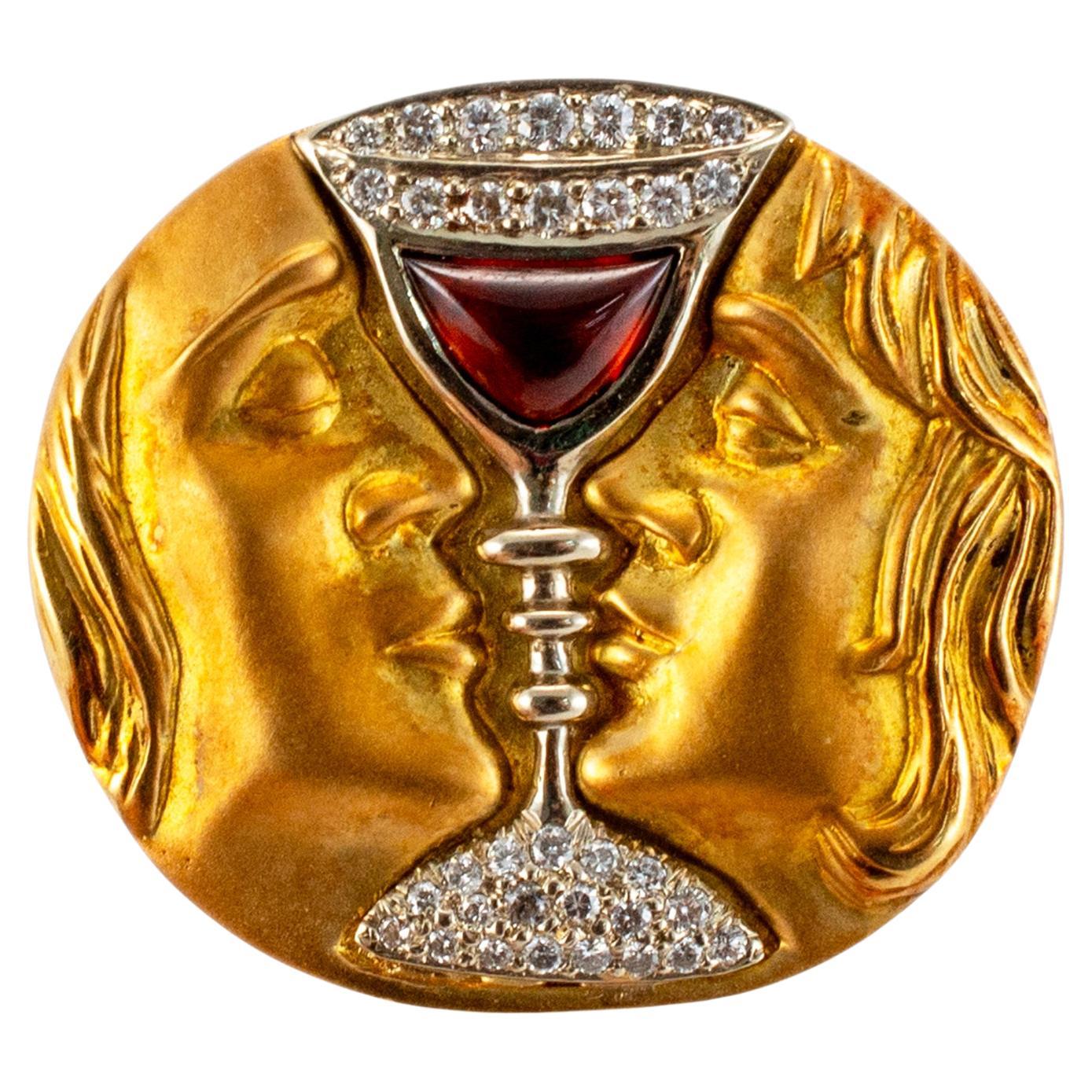 Henryk Kaston Broche de oro amarillo de 18 quilates Afterdali Tristán e Isolda Granate Diamante en venta
