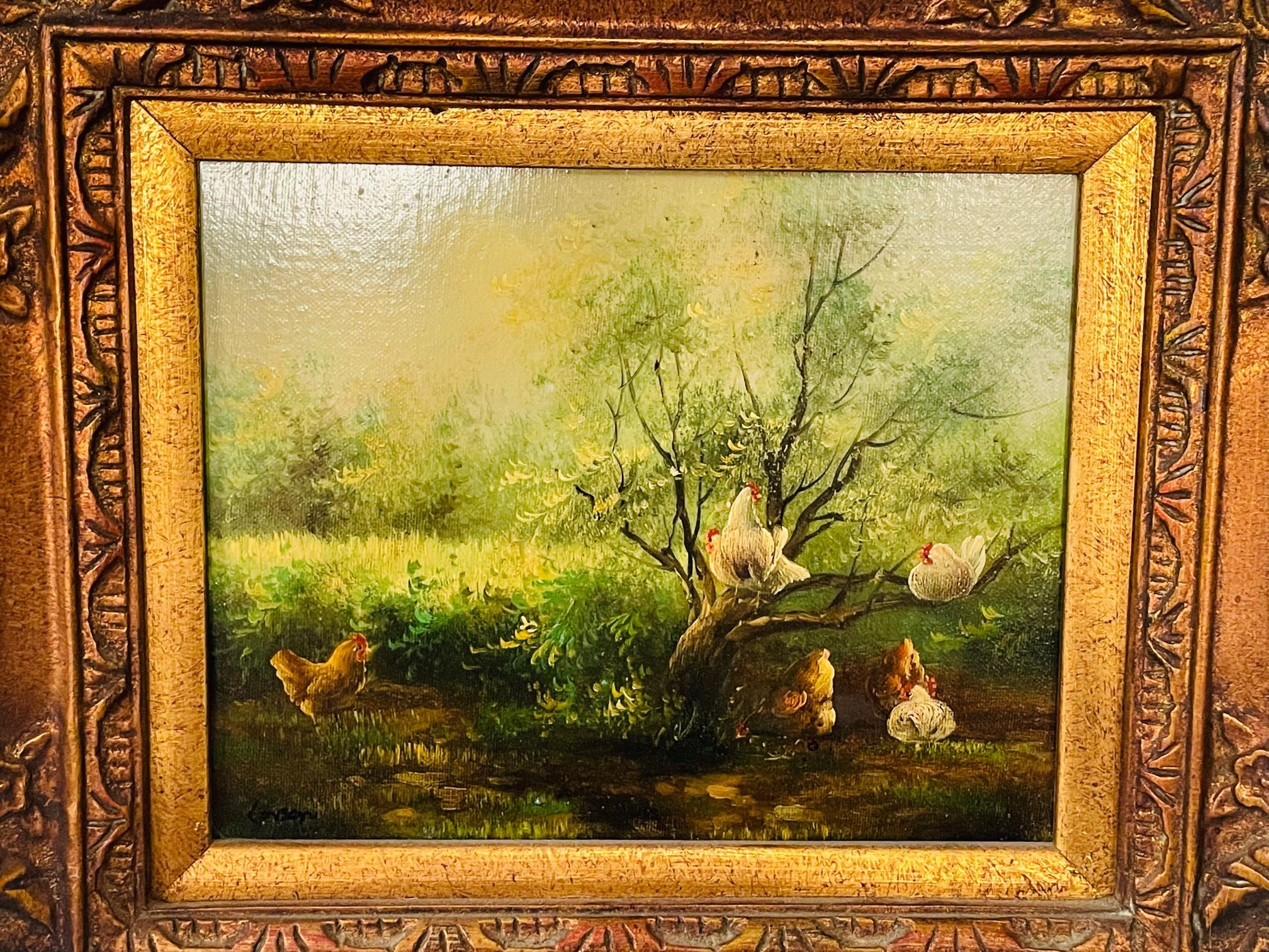 A vintage landscape oil on canvas painting depicting hens in a farm. The painting is finely framed in a hand carved custom frame and is signed in the bottom left 