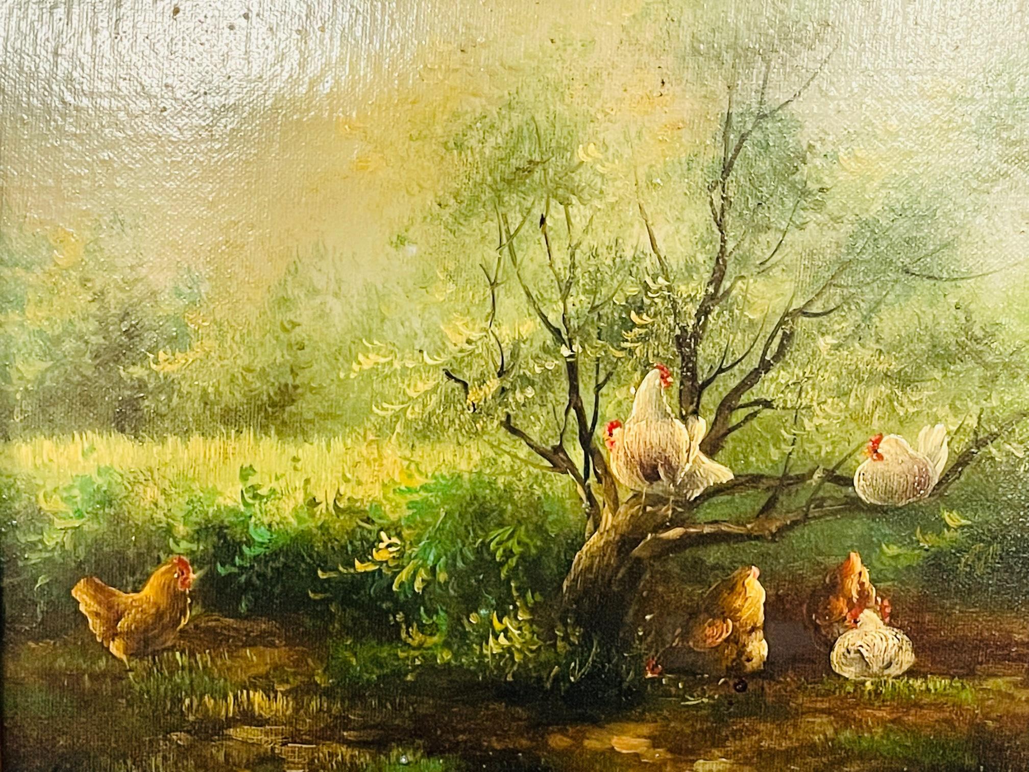 Modern Hens in a Farm Oil on Canvas Painting Signed 