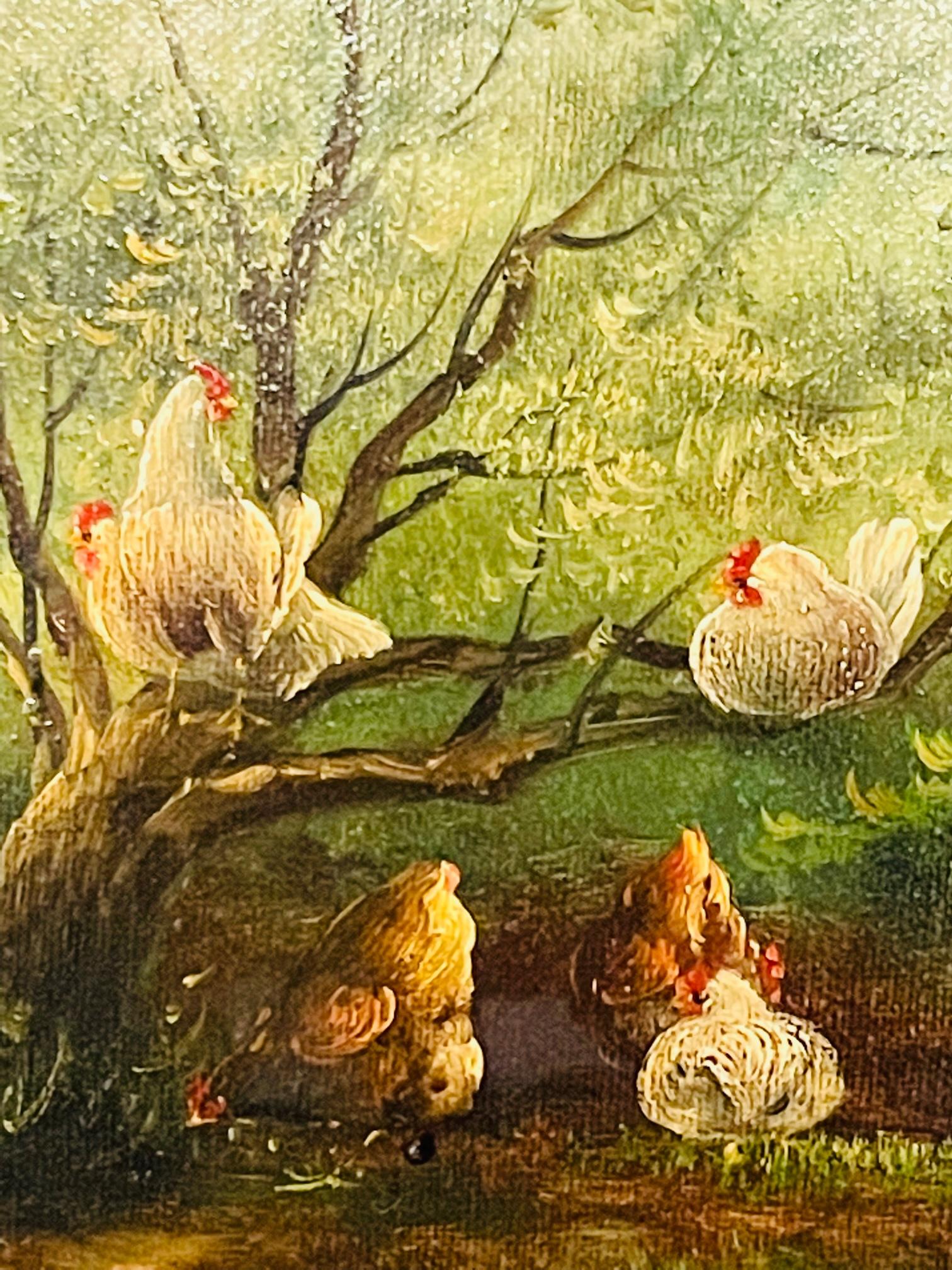 Hens in a Farm Oil on Canvas Painting Signed  In Good Condition In Plainview, NY
