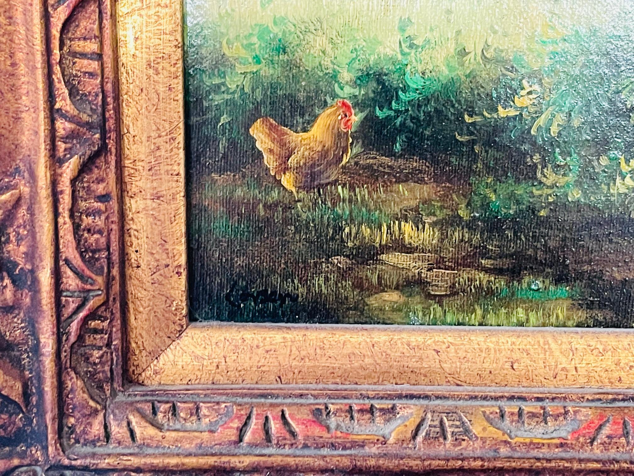 20th Century Hens in a Farm Oil on Canvas Painting Signed 