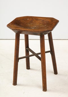 'Hen's Nest' Art Populaire Walnut Mountain Stool, Iron Support, France, c. 1900
