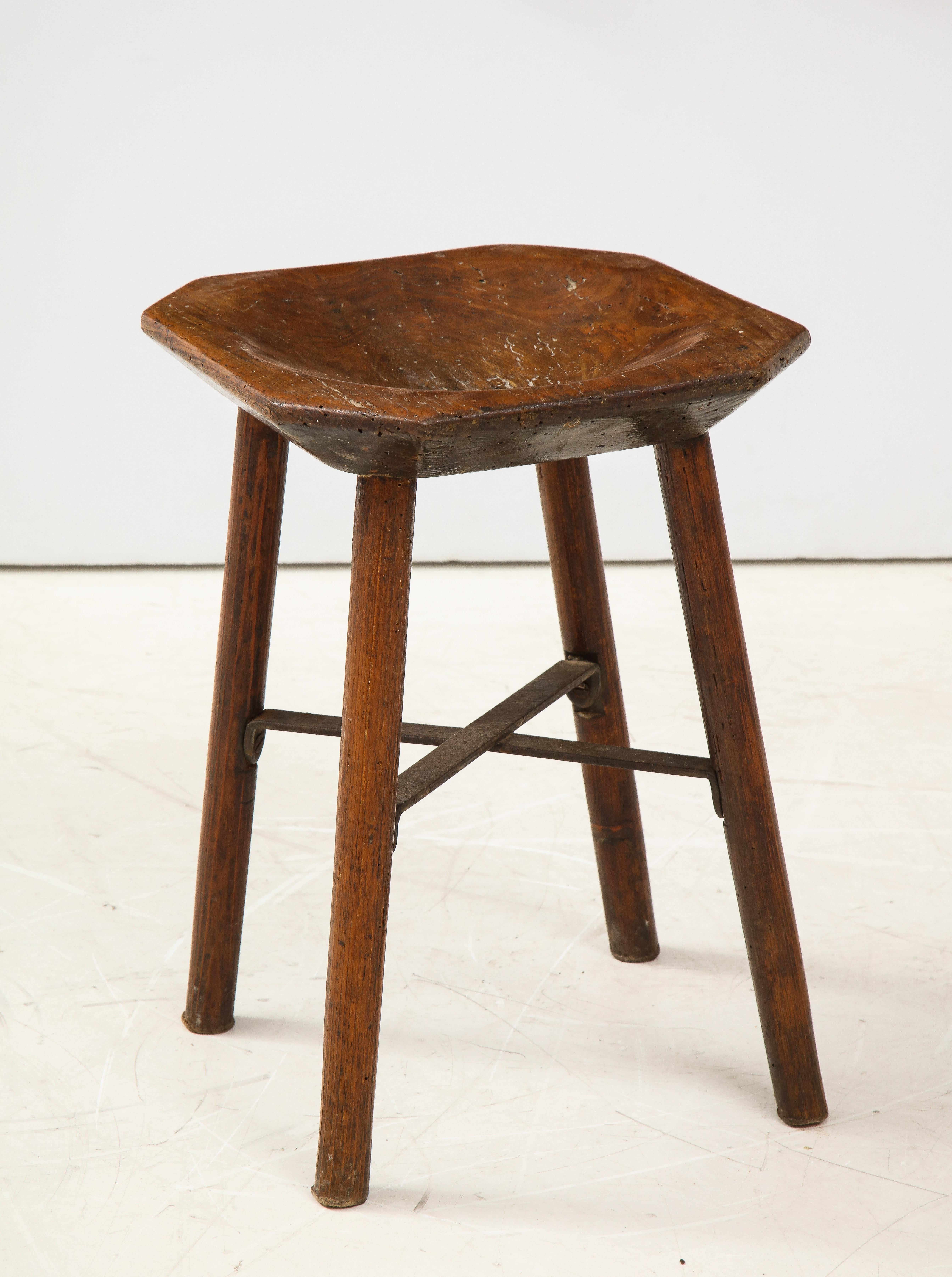 French 'Hen's Nest' Art Populaire Walnut Mountain Stool, Iron Support, France, c. 1900