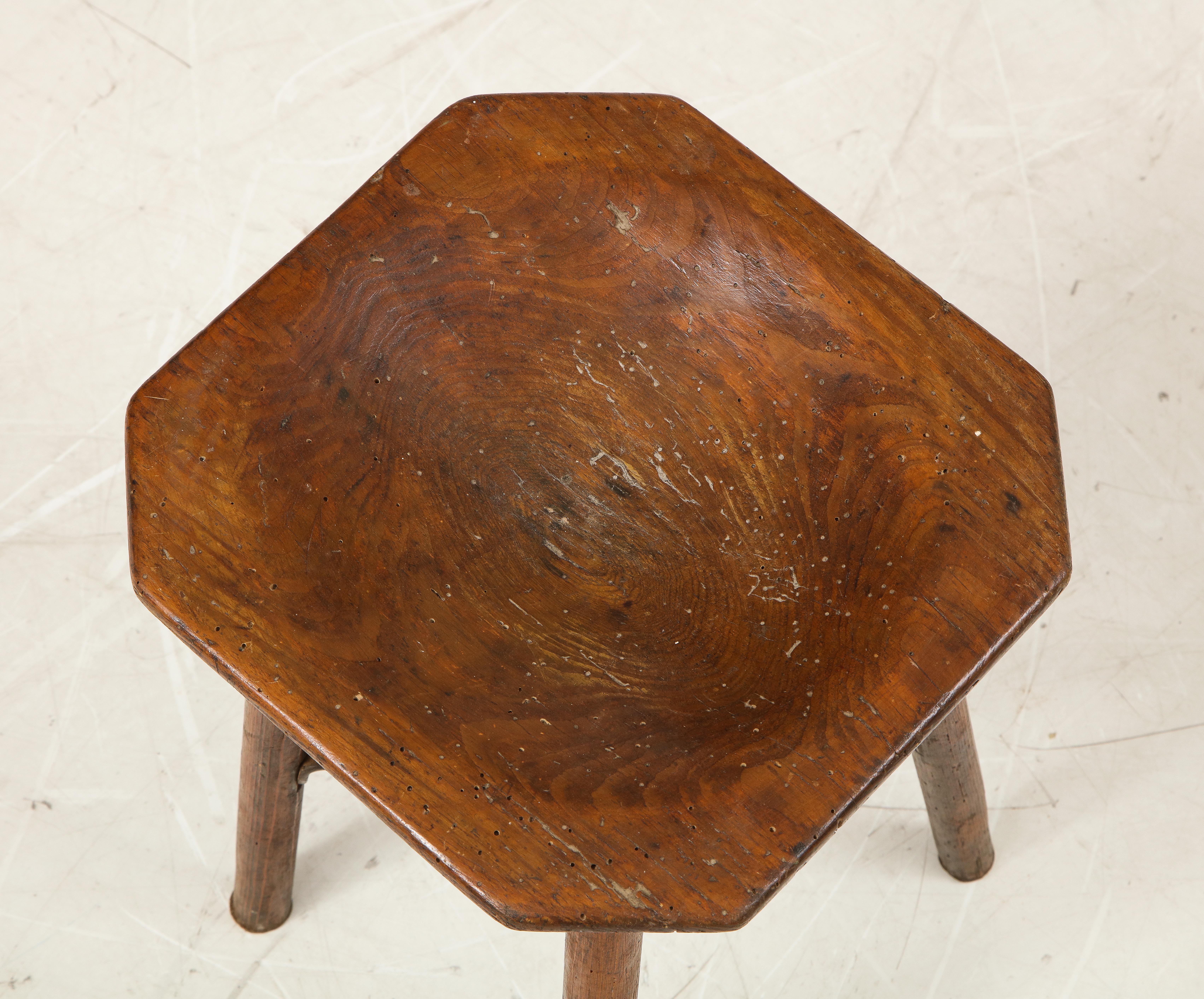 'Hen's Nest' Art Populaire Walnut Mountain Stool, Iron Support, France, c. 1900 In Good Condition In Brooklyn, NY