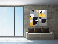 Bee (Diptych) - Large Abstract Black White Yellow Painting