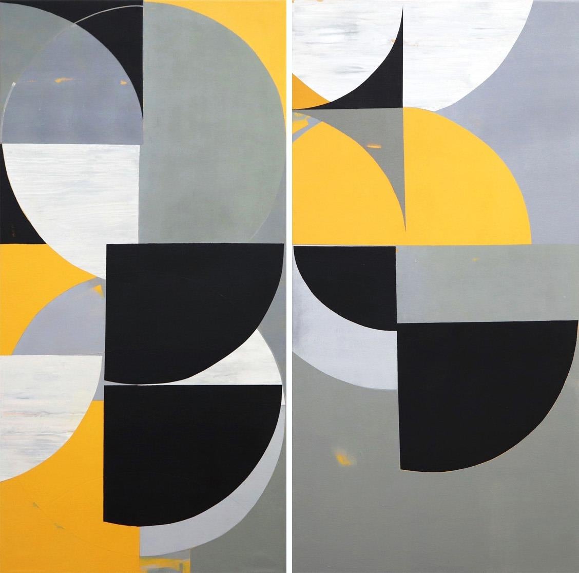 Abstract Painting de Heny Steinberg - Abeja (Díptico) - Pintura Abstracta Grande Negro Blanco Amarillo