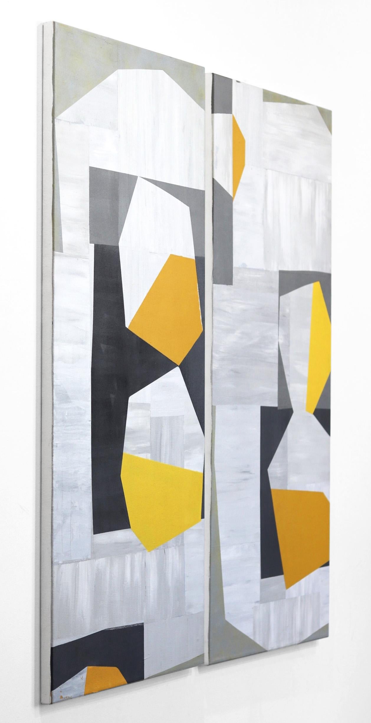 Luna gialla bassa (dittico)  - Opera d'arte cubista astratta originale - Abstract Painting Grigio di Heny Steinberg