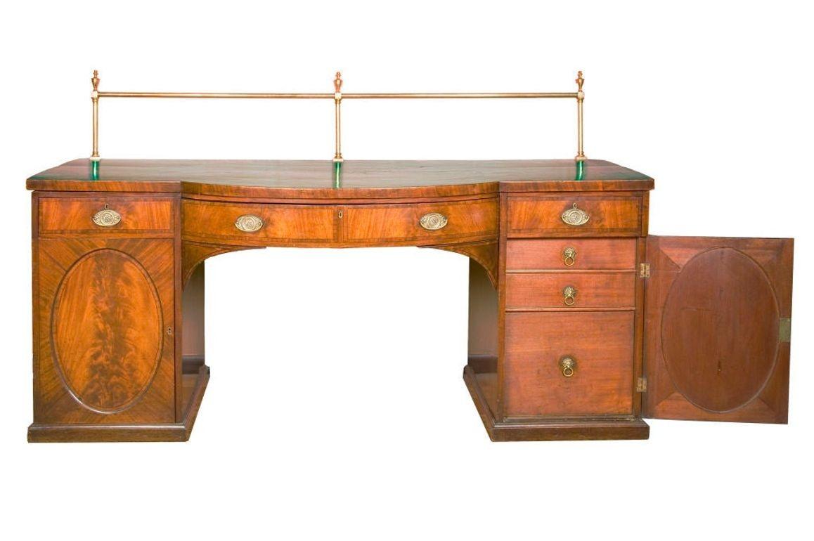 English Hepplewhite Bowfront Mahogany Sideboard with Brass Gallery For Sale