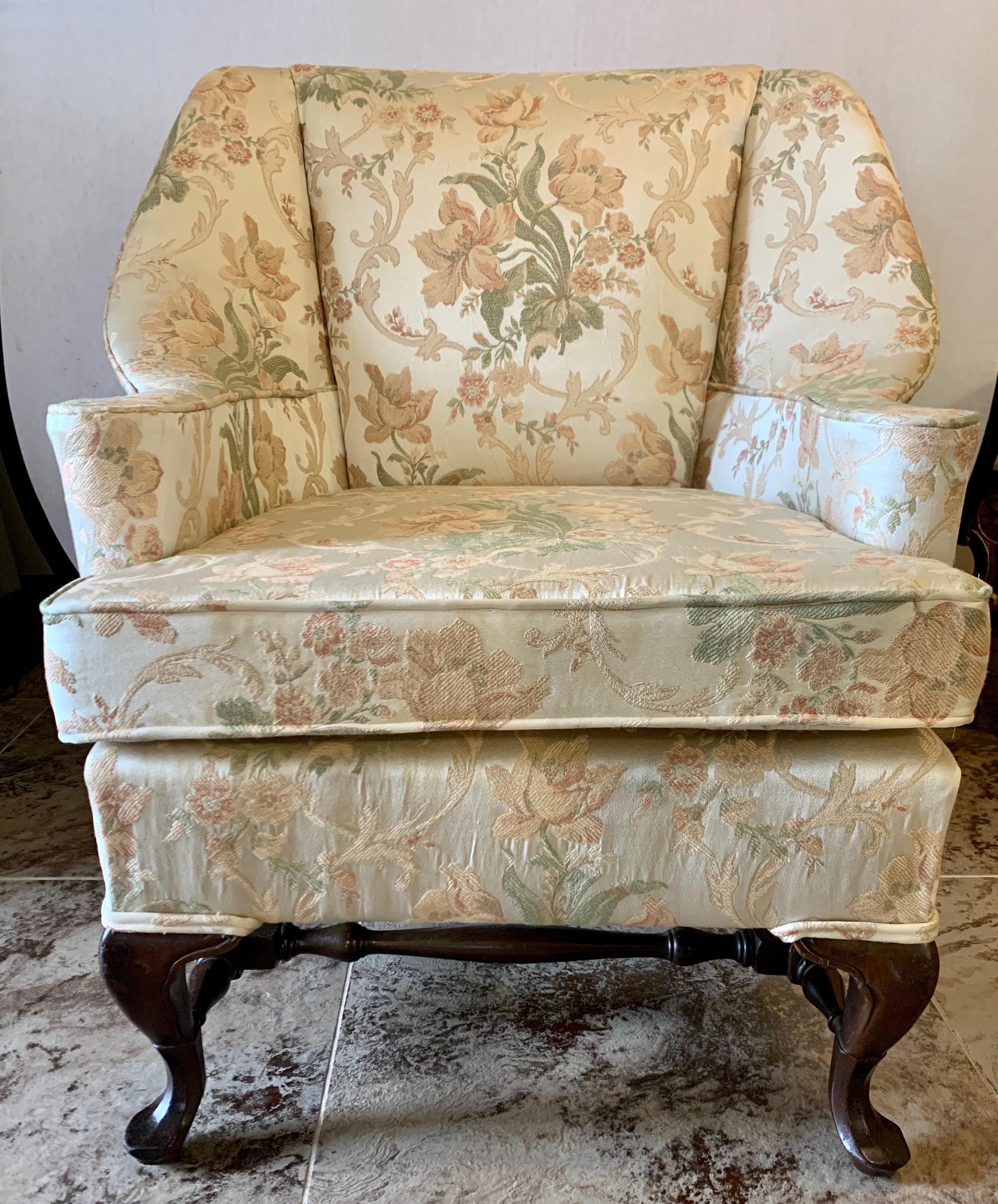 Philadelphia Hepplewhite grand wingback mahogany chair that has been reupholstered in two gorgeous
Scalamandre fabrics, at front and arms and the other at back - see all pics. Nothing short of sensational.
Seat cushions also have brand new fill in