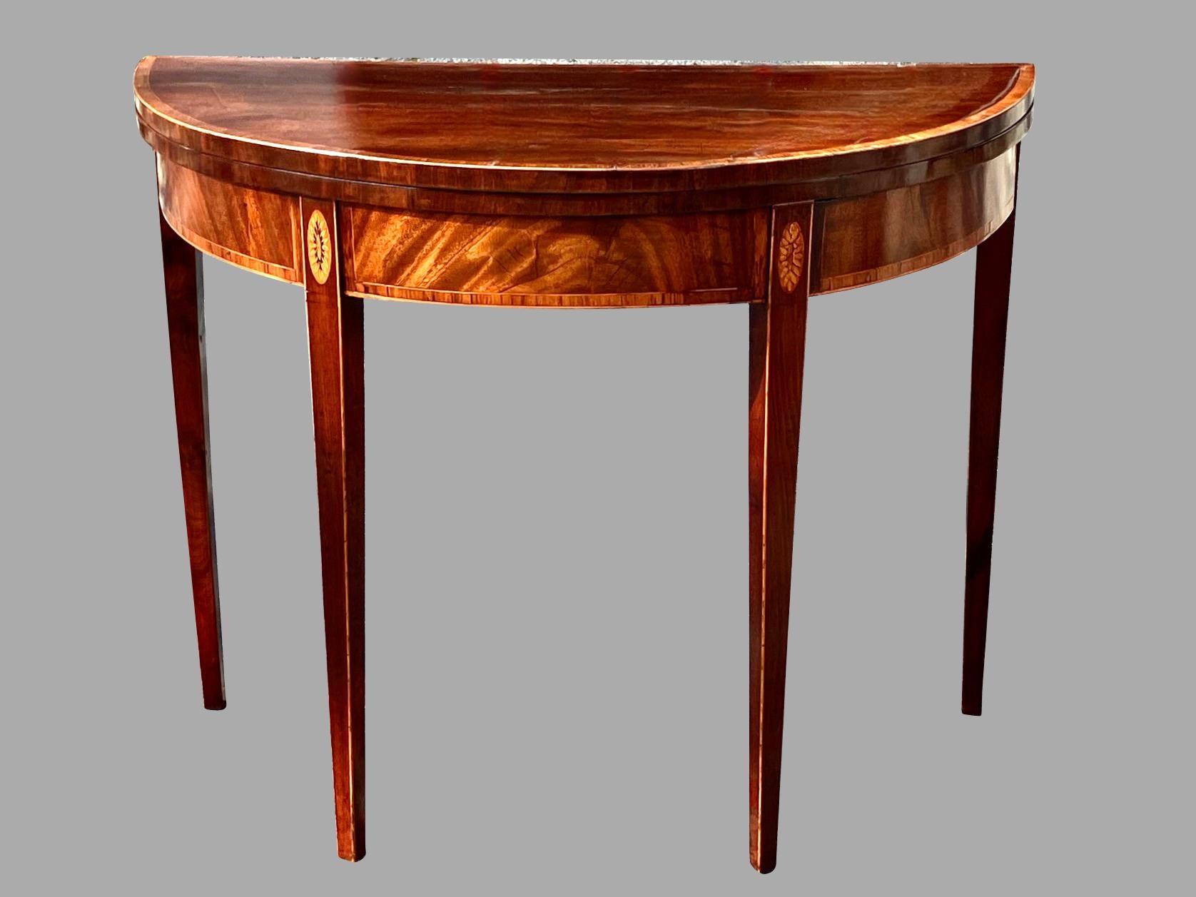 18th Century English Hepplewhite Satinwood Inlaid Mahogany Demilune Games Table Circa 1790 For Sale