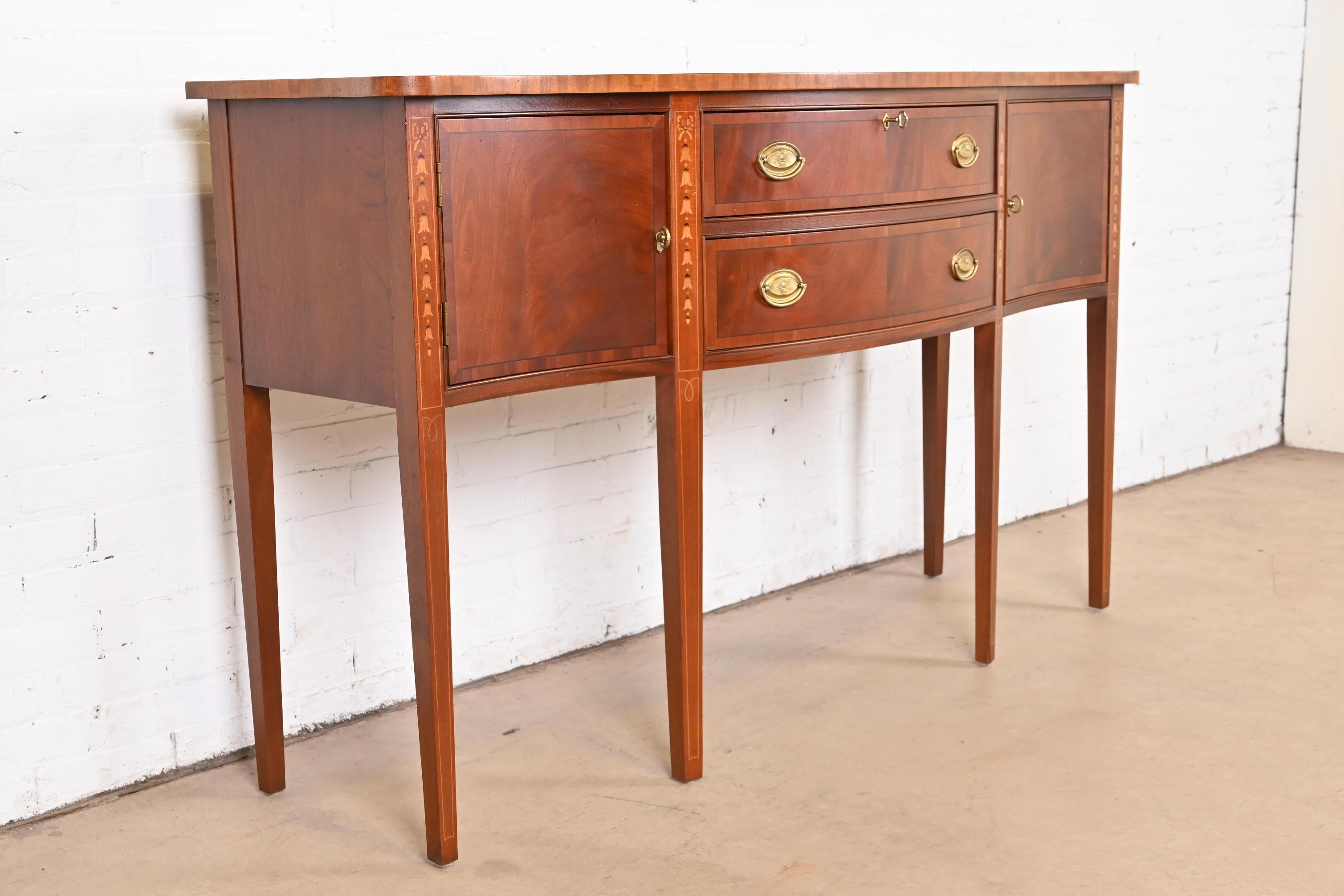Brass Hepplewhite Inlaid Mahogany Serpentine Front Sideboard Buffet or Credenza