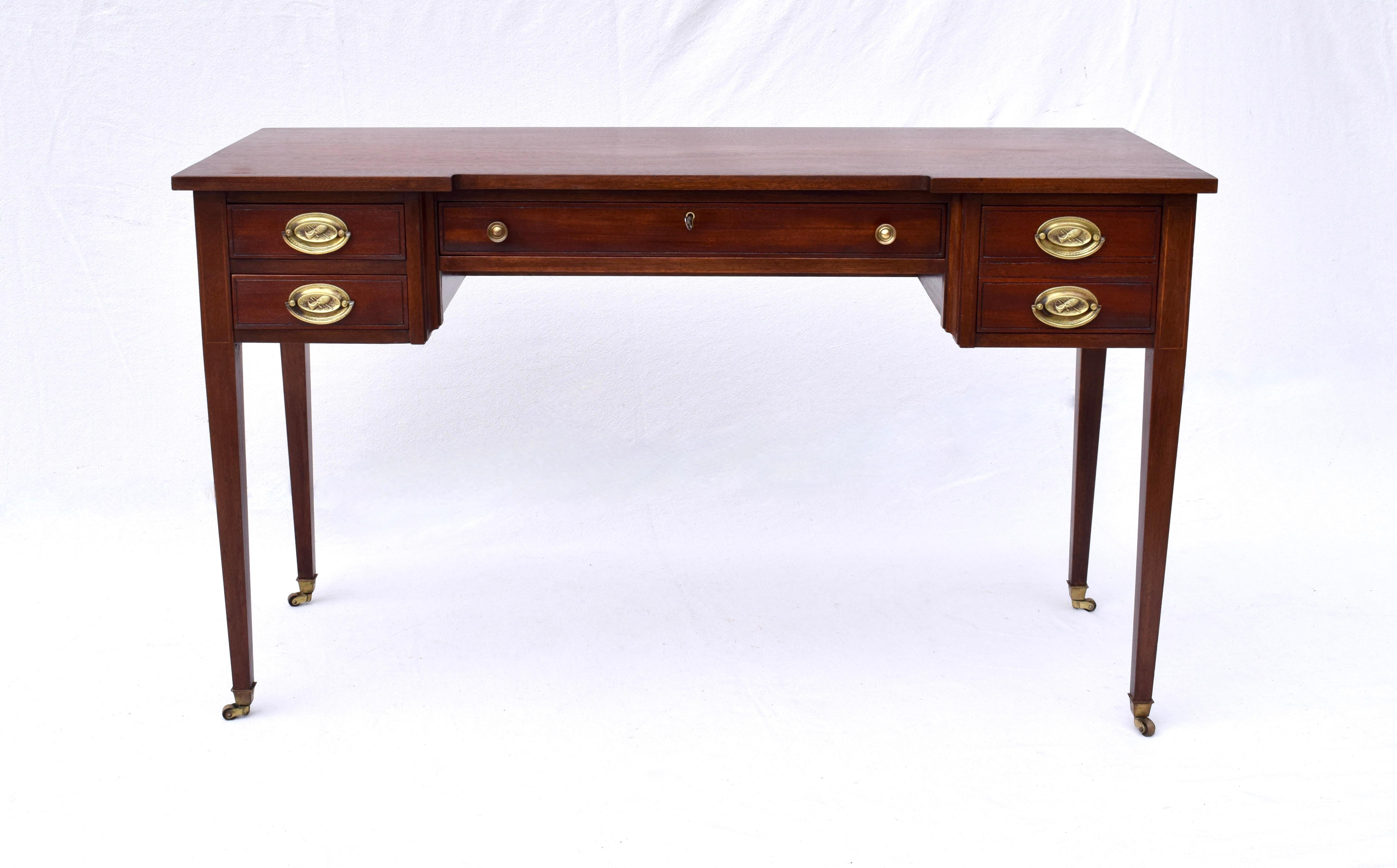 Brass Hepplewhite Mahogany Five Drawer Writing Table For Sale