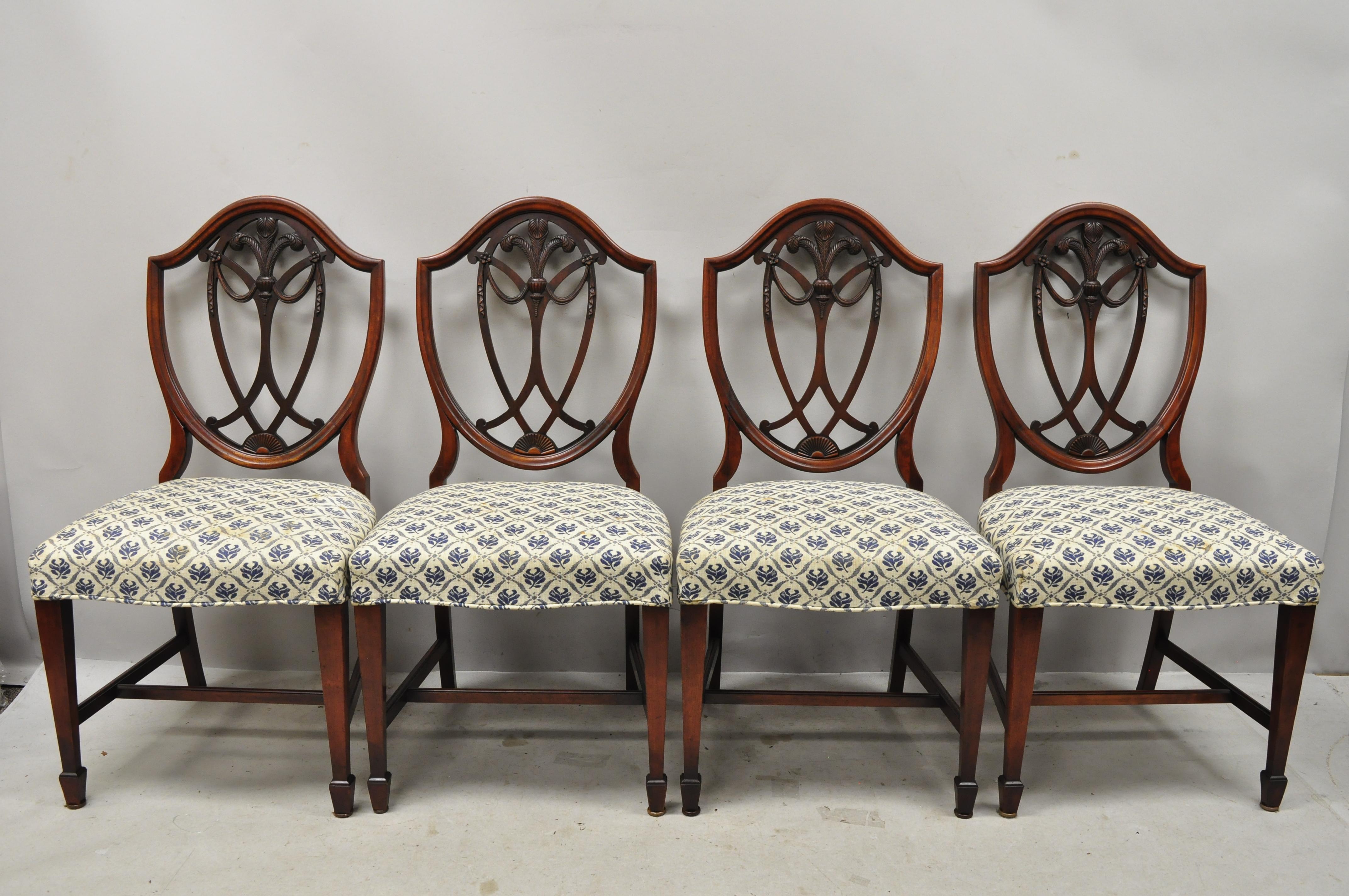 Antique Hepplewhite style mahogany prince of wales plume drape shield back dining chairs - set of 6. Set includes (4) side chairs, (2) armchairs, prince of wales and drape carved shield backs, solid wood construction, beautiful wood grain, nicely