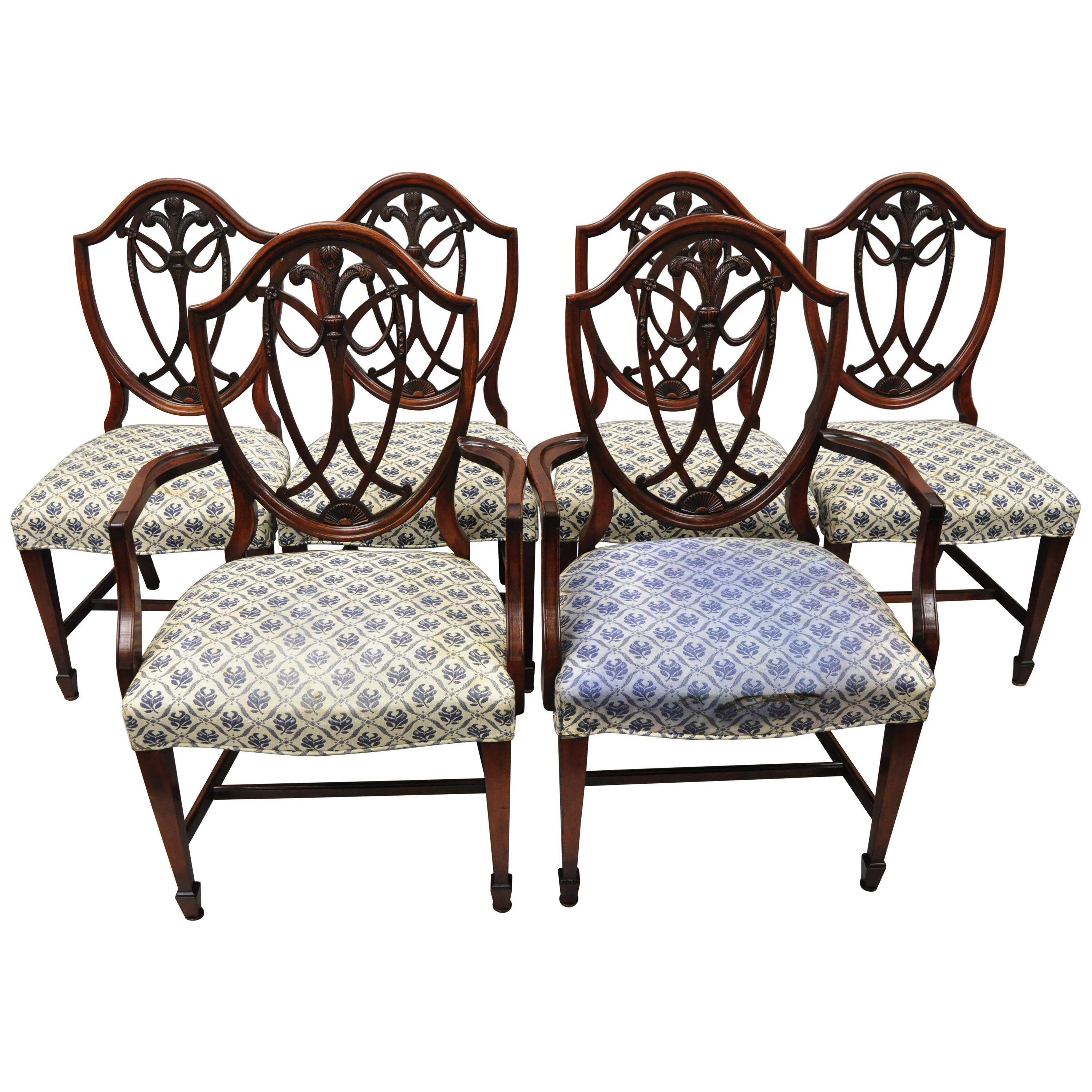 Hepplewhite Mahogany Prince of Wales Plume Shield Back Dining Chairs, Set of 6