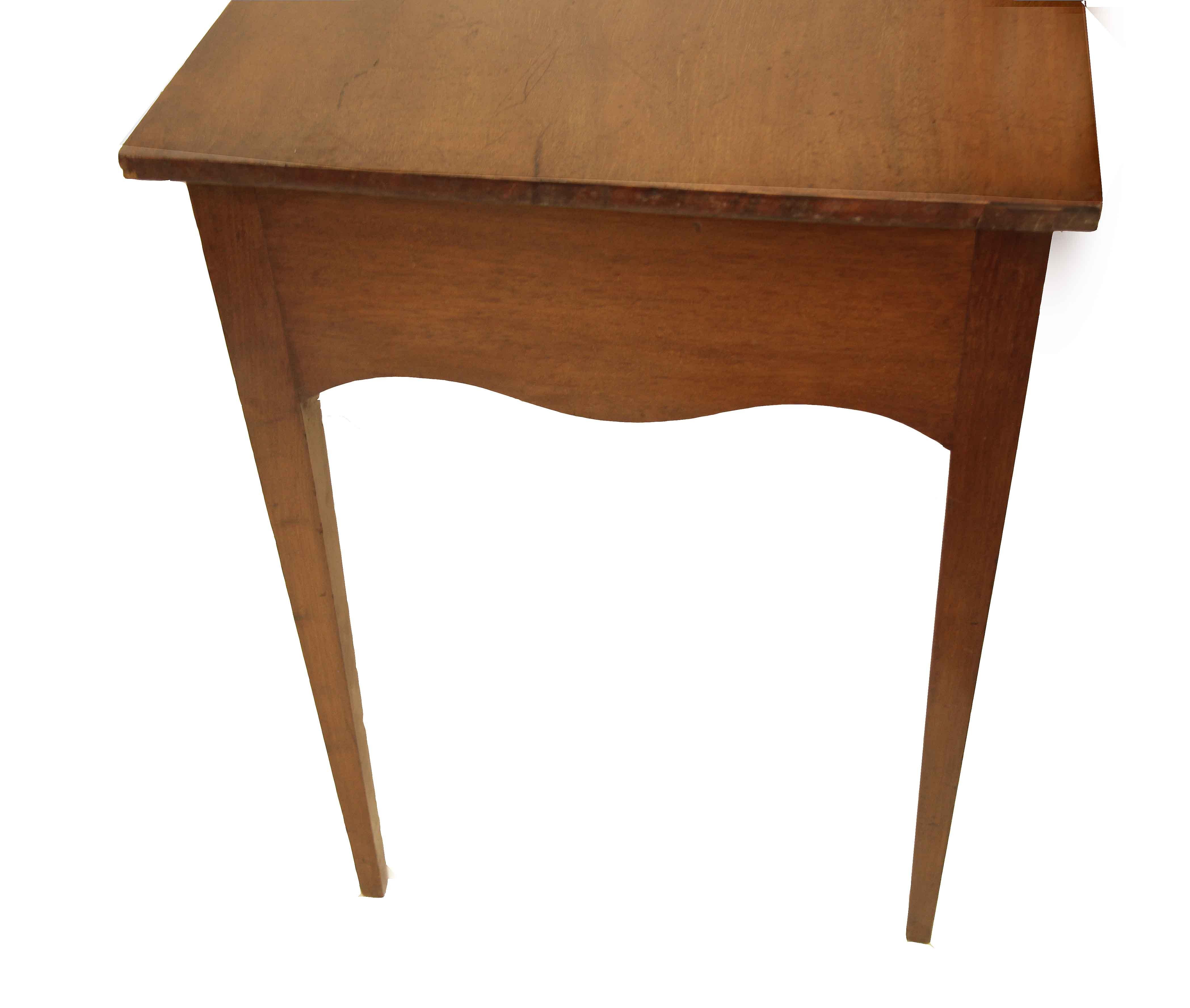 Hepplewhite one drawer side table, this early 19th century mahogany table has a beautiful faded one board top with excellent patina.  The single drawer has antique bail pulls with reticulated oval back plates ( these are not original ), the edge of